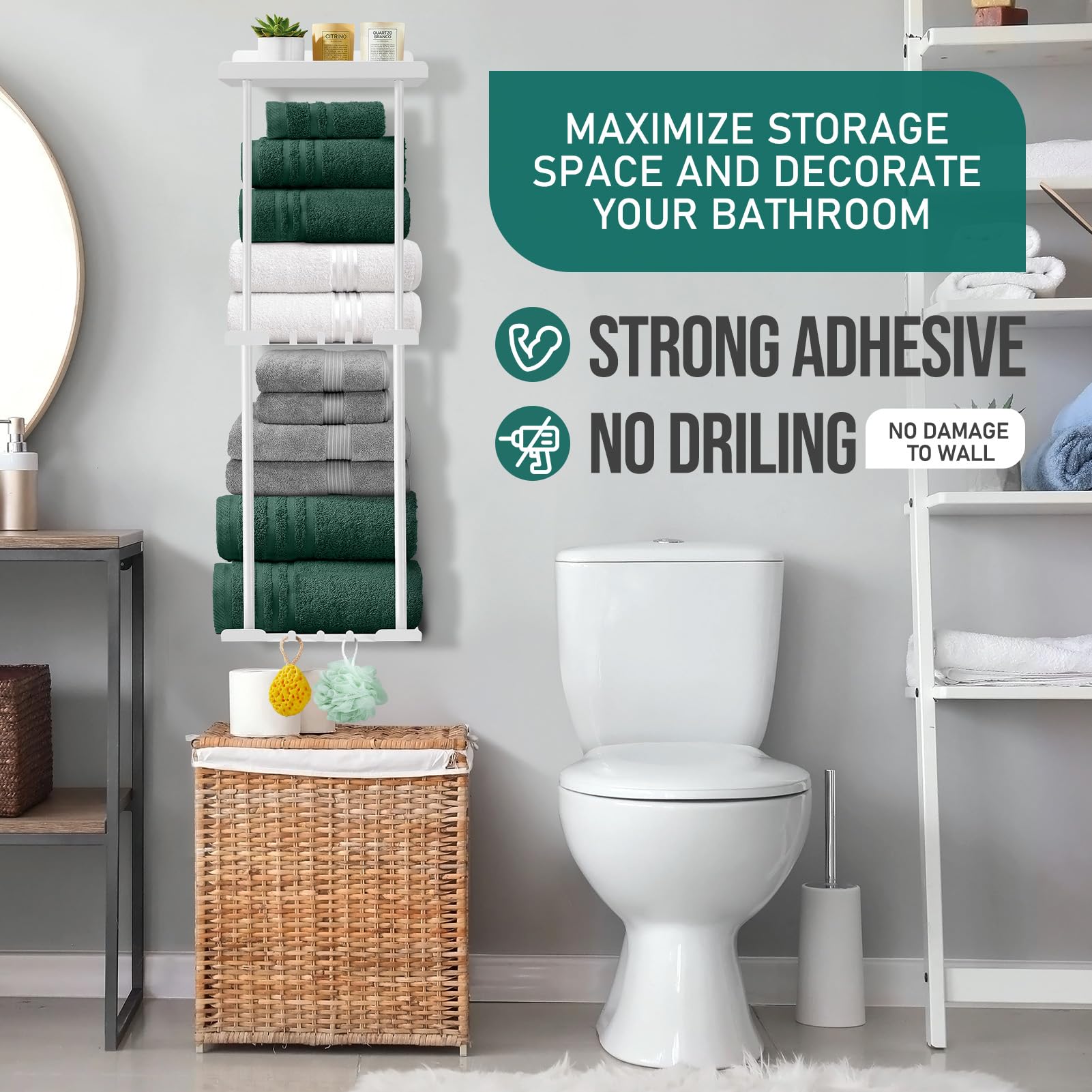 Towel Holder Without Drilling - Stable Towel Storage for the Bathroom, White 2, Rechteckig - Image 3