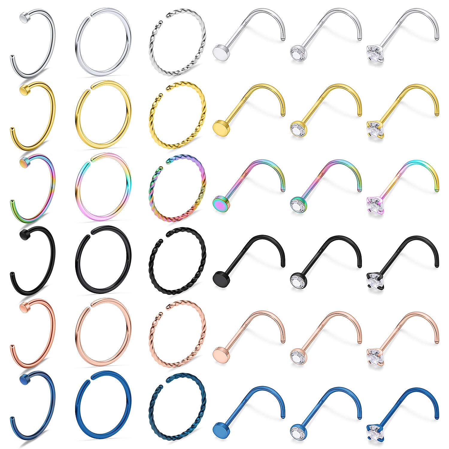 Lcolyoli36Pcs 20G Nose Rings Surgical Steel Nose Hoop Rings Nose Piercing Jewelry Nose Studs Screw Fashion Nose Ring Hoops for Women Men