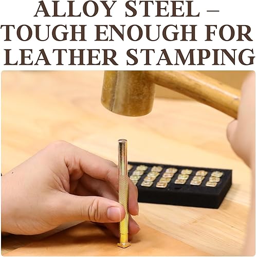 Miniatura 3 de BESTNULE Kit de estampado de cuero, juego de 37 piezas con 26 letras mayúsculas (0.217 in), 10 números (0.236 in) y mango de estampado para