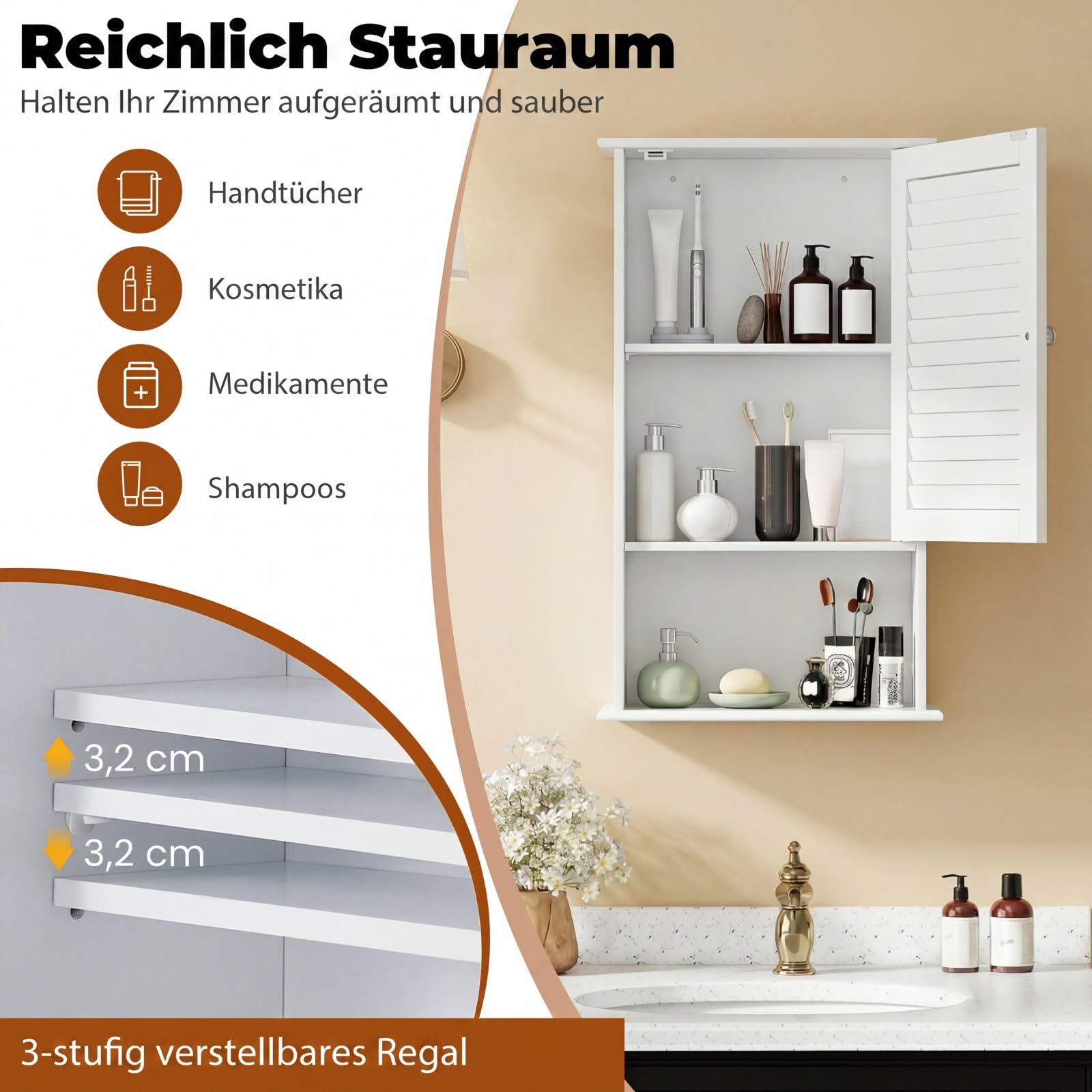 COSTWAY Hängeschrank Bad, Badezimmerschrank mit verstellbarem Einlegeboden, Wandschrank 42 x 16,5 x 70cm, Badschrank hängend, Schrank für Badezimmer, Küche (weiß)