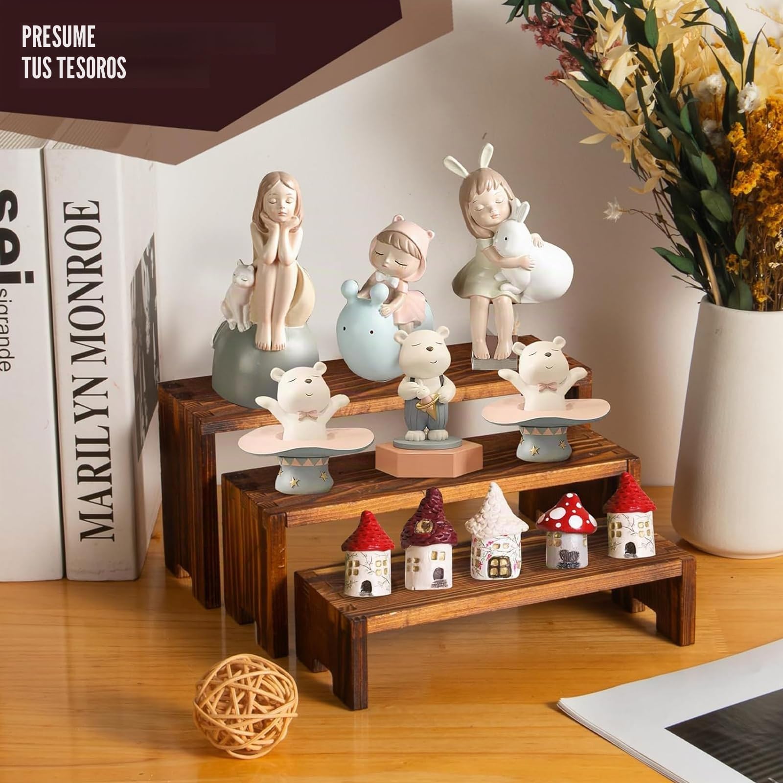 2Set Soporte Expositor de Madera Maciza 4 Niveles, Vitrina para Perfumes, Organizador de Expositor Metacrilato Objetos, Alza para Buffet, Estantería para Figuras Pop, Libros, Decoración