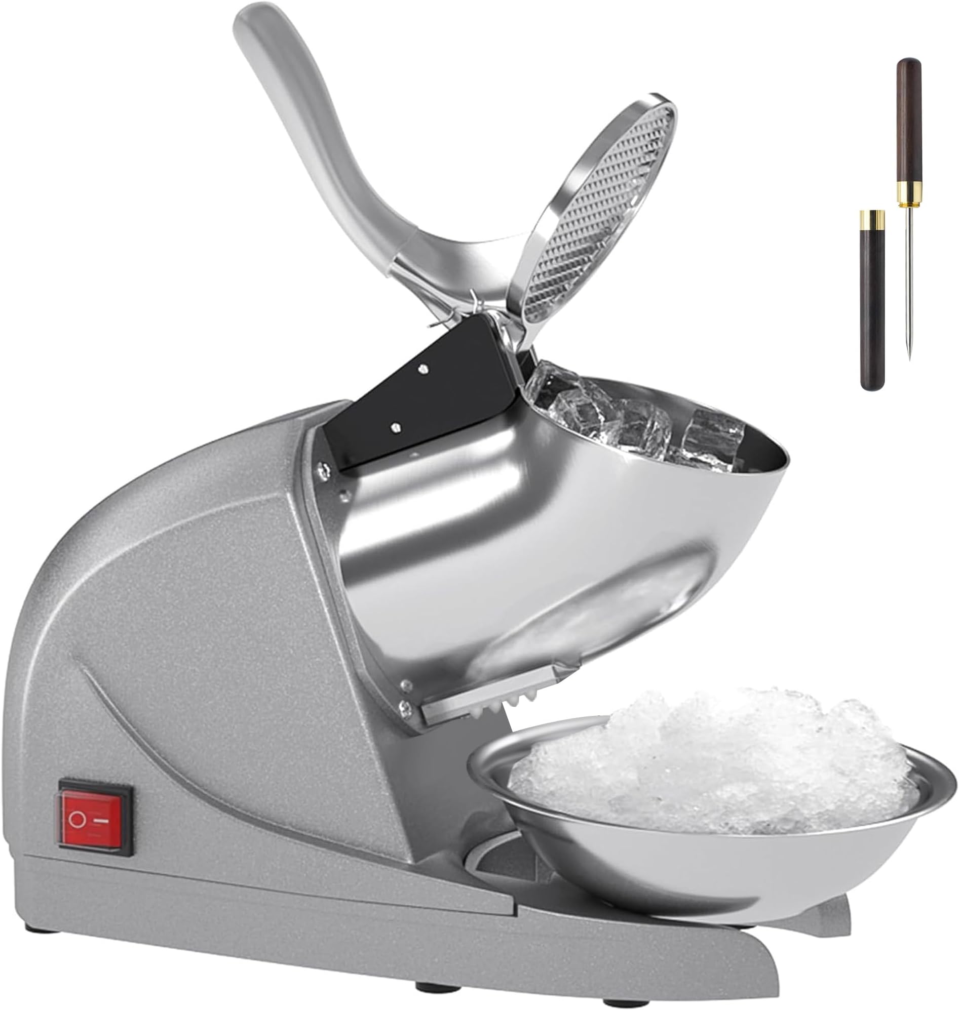 Electric Ice Crushers Machine Ice Snow Cone Maker Professional Double Blades Stainless Steel Ice Shaver Machine for Home Commercial Use (Silver)