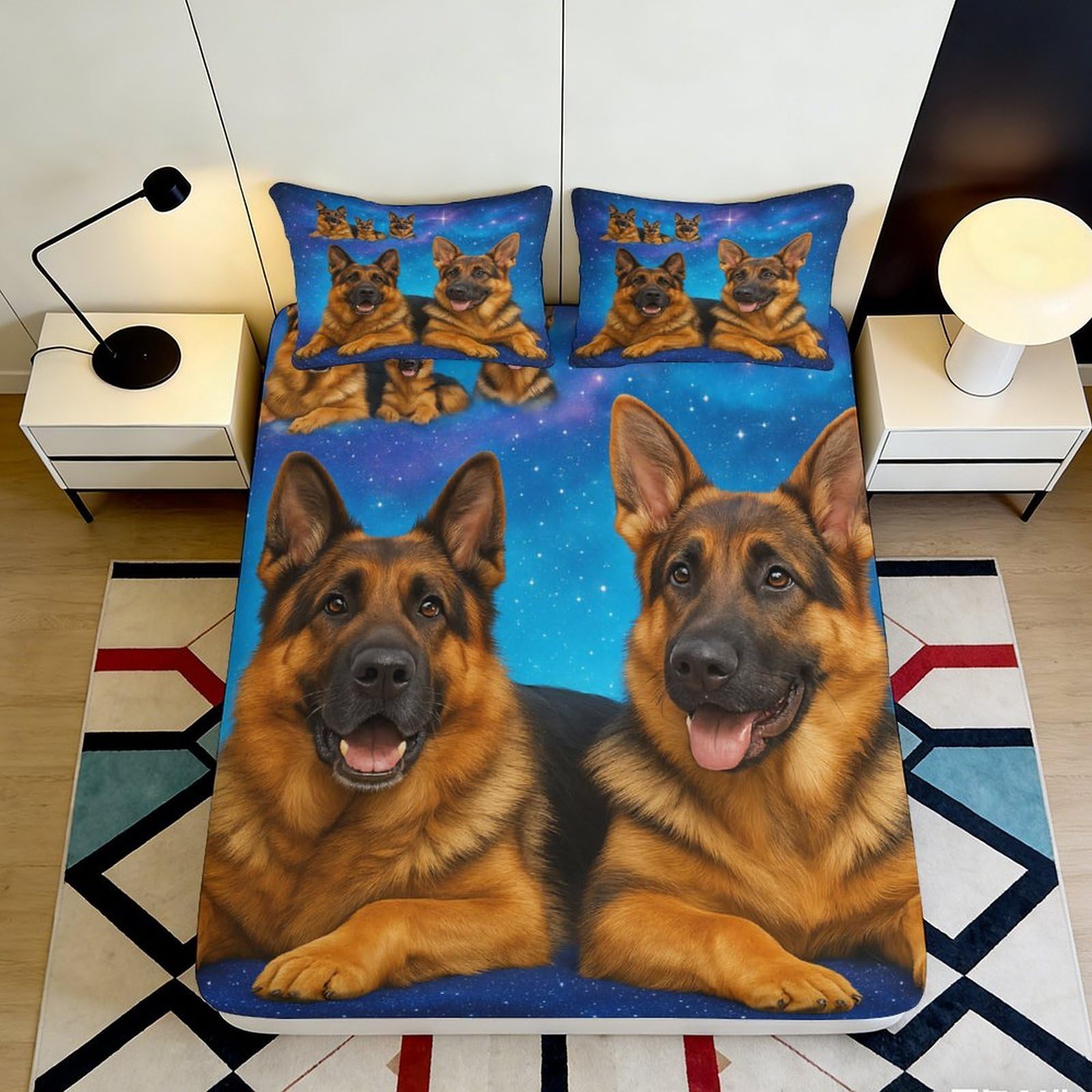 3D Printed German Shepherd Blue Starry Sky Fitted Sheet Microfiber Soft Mattress Cover for Bedroom Dorm Decor 120x200cm 200x200x25cm