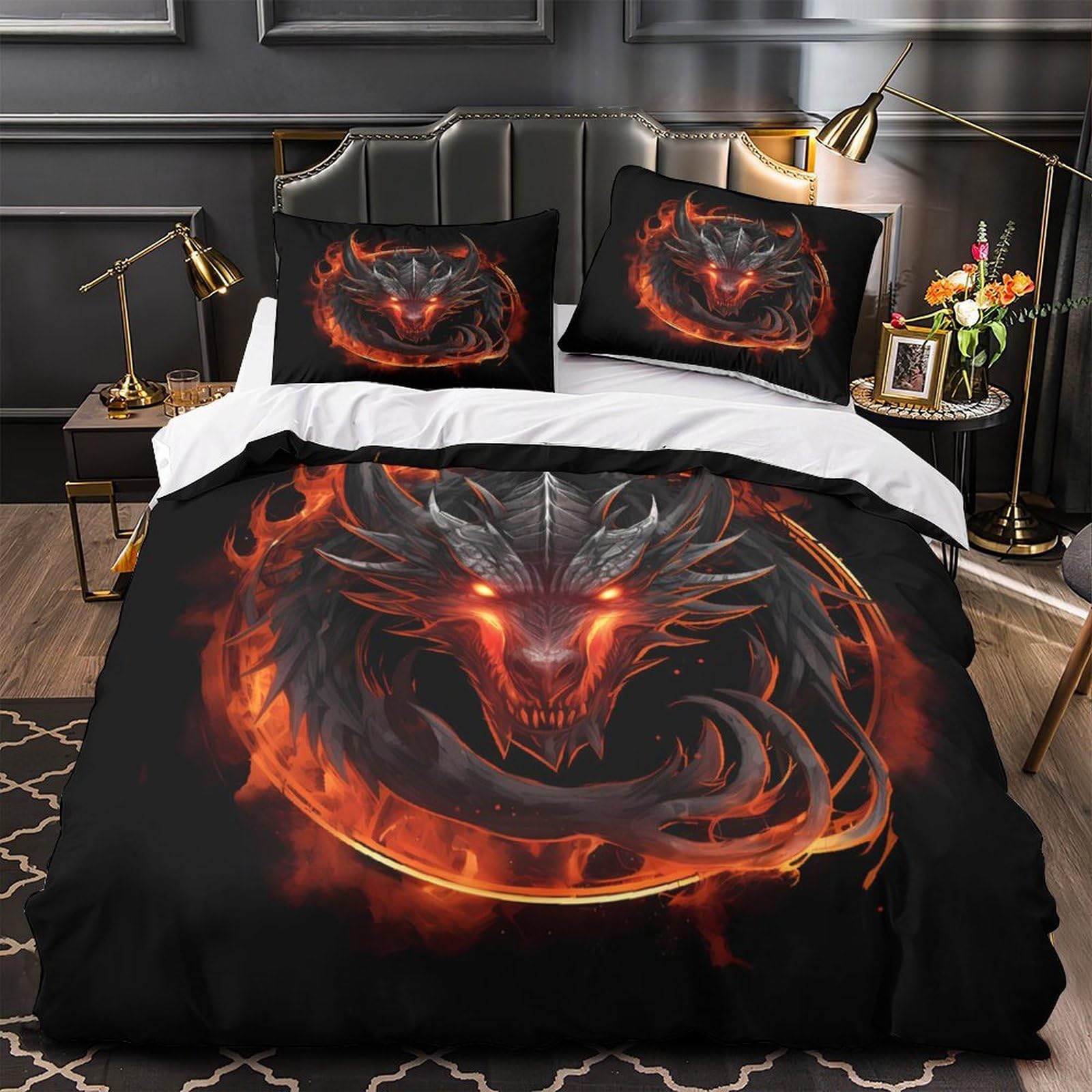 Housse de couette dragon 140x200 parure de lit microfibre 3D douce lit simple fermeture éclair