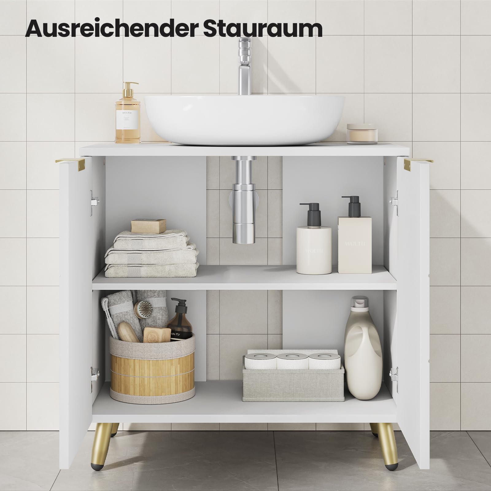 EUGAD Waschbeckenunterschrank, Unterschrank, Waschtischunterschrank, Badezimmerschrank, Badschrank, weiß Hochglanz, mit 2 Türen, Beinen, verstellbare Ablage, freistehend, 60x60x30 cm