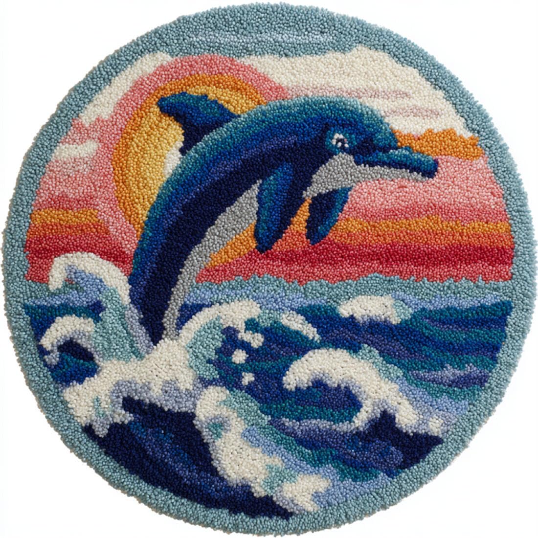 Rqwybcaxn DIY Rug Latch Hook Kits for Beginners Animal Cross Stitch Kit Dolphins and Waves 60x60cm Round Tapestry with Crochet Hook Bedroom Craft Gift