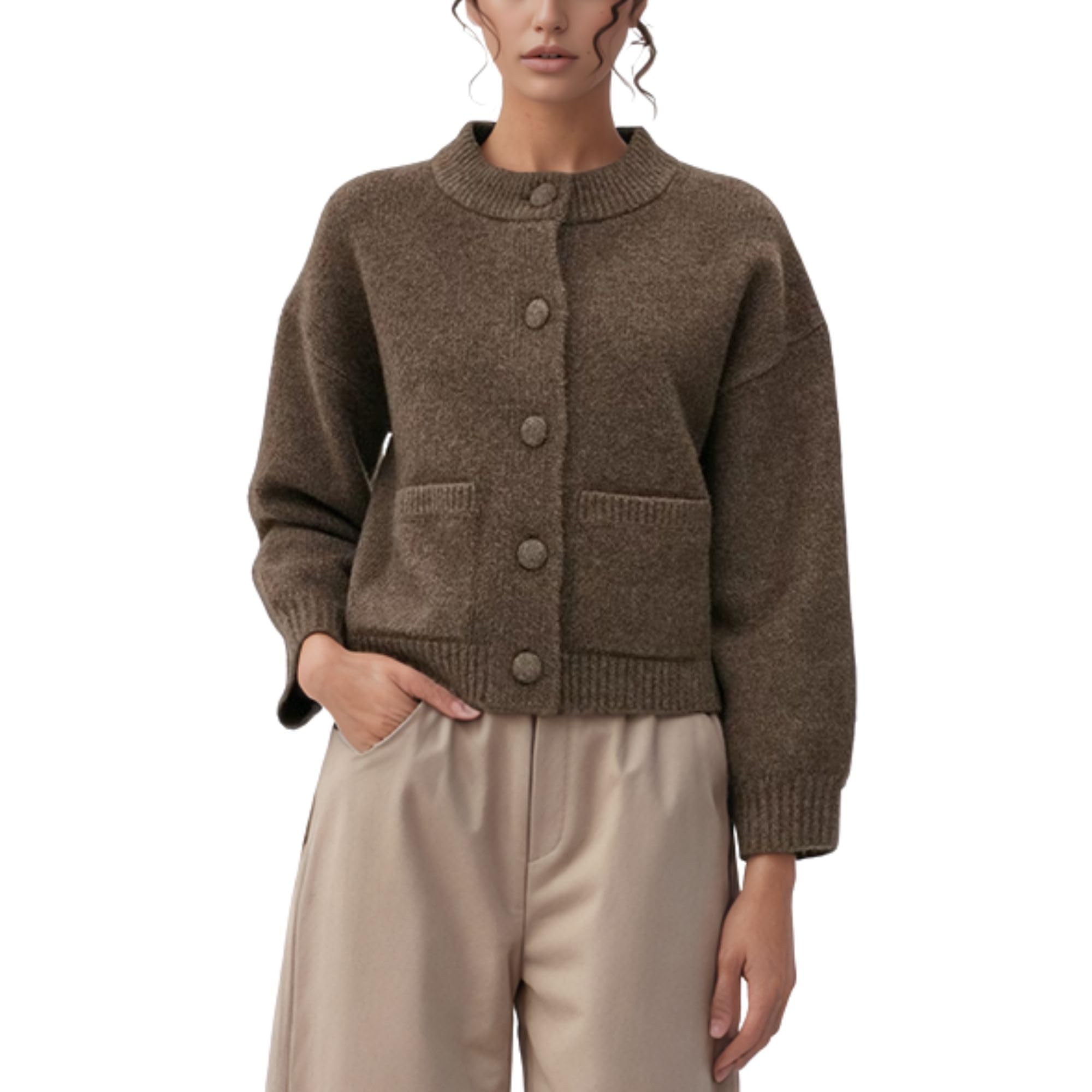 Xunger Womens Chunky Cropped Knit Cardigan Sweater Long Sleeve Button Down Crewneck Fall Sweater Coat with Pockets