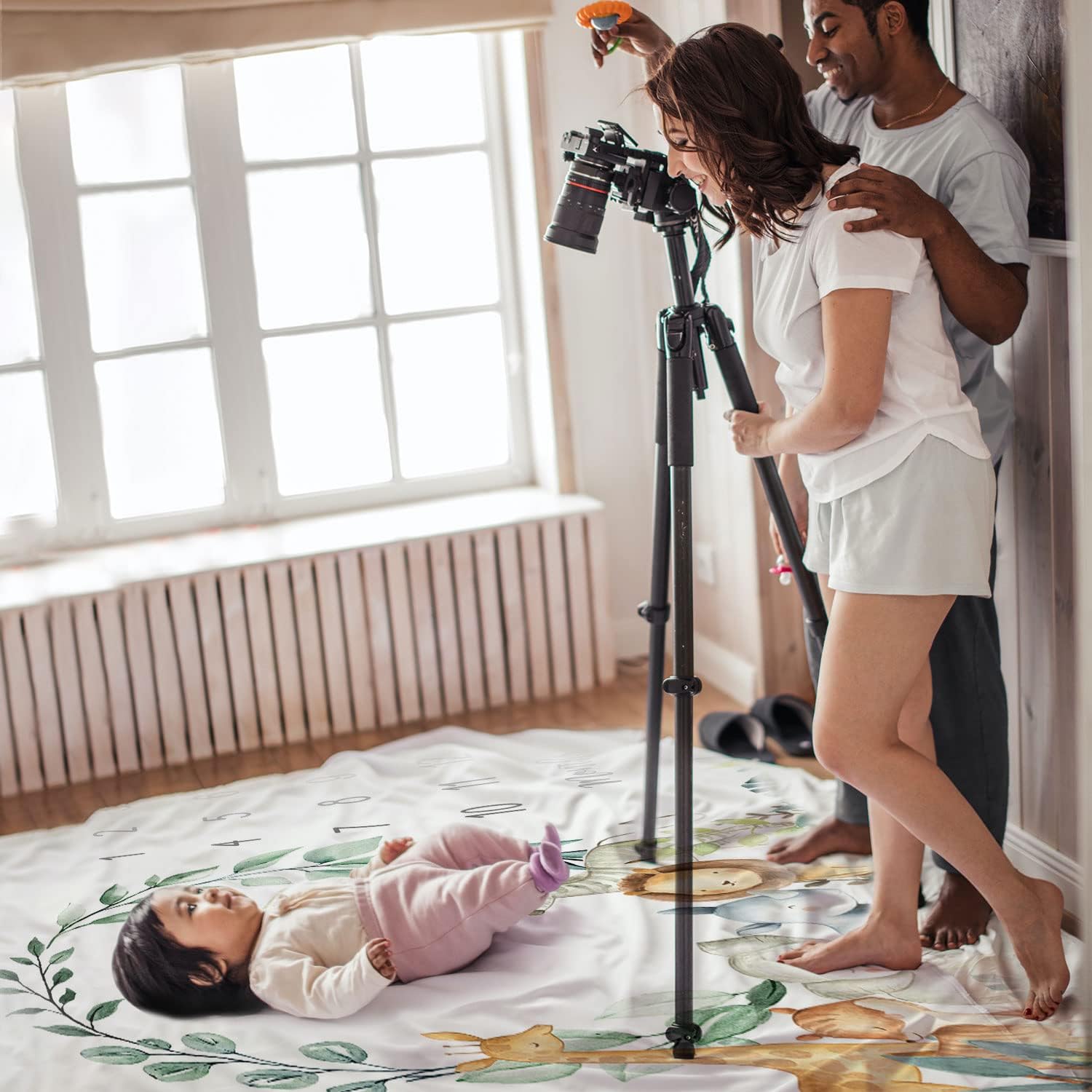 Baby Monthly Milestone Blanket Boy - Jungle Animals Newborn Month Blanket Neutral Safari Personalized Shower Gift Eucalyptus Leaf Wreath Nursery Decor Photography Background Prop with Frame 51''x40'' - Image 7