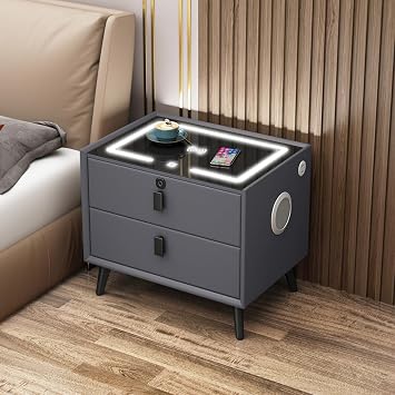 Smart Nightstand with Wireless Charging Station, Modern Bedside Table with Fingerprint Lock and Speaker, Bedroom Side Table with Tri-Color LED Light, Smart Coffee Table.,Grey,2 Floors