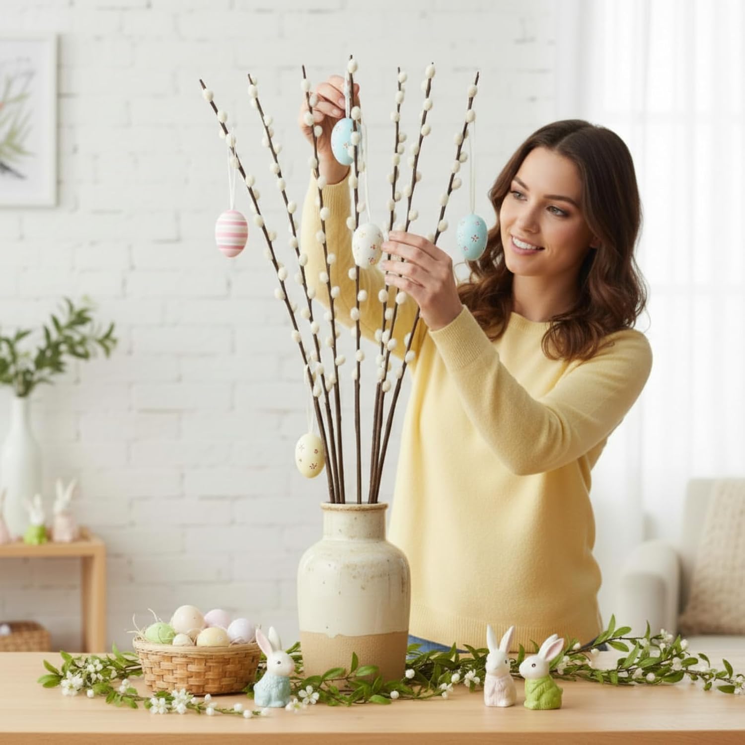 Thiccywoov 10 Stems 31.5 Inch Artificial Pussy Willow Branches for Vases Dried Flower Stem with White Flower Faux Snow Willow Branches for Indoor Outdoor Wedding Home Party Fireplace Yard Decoration