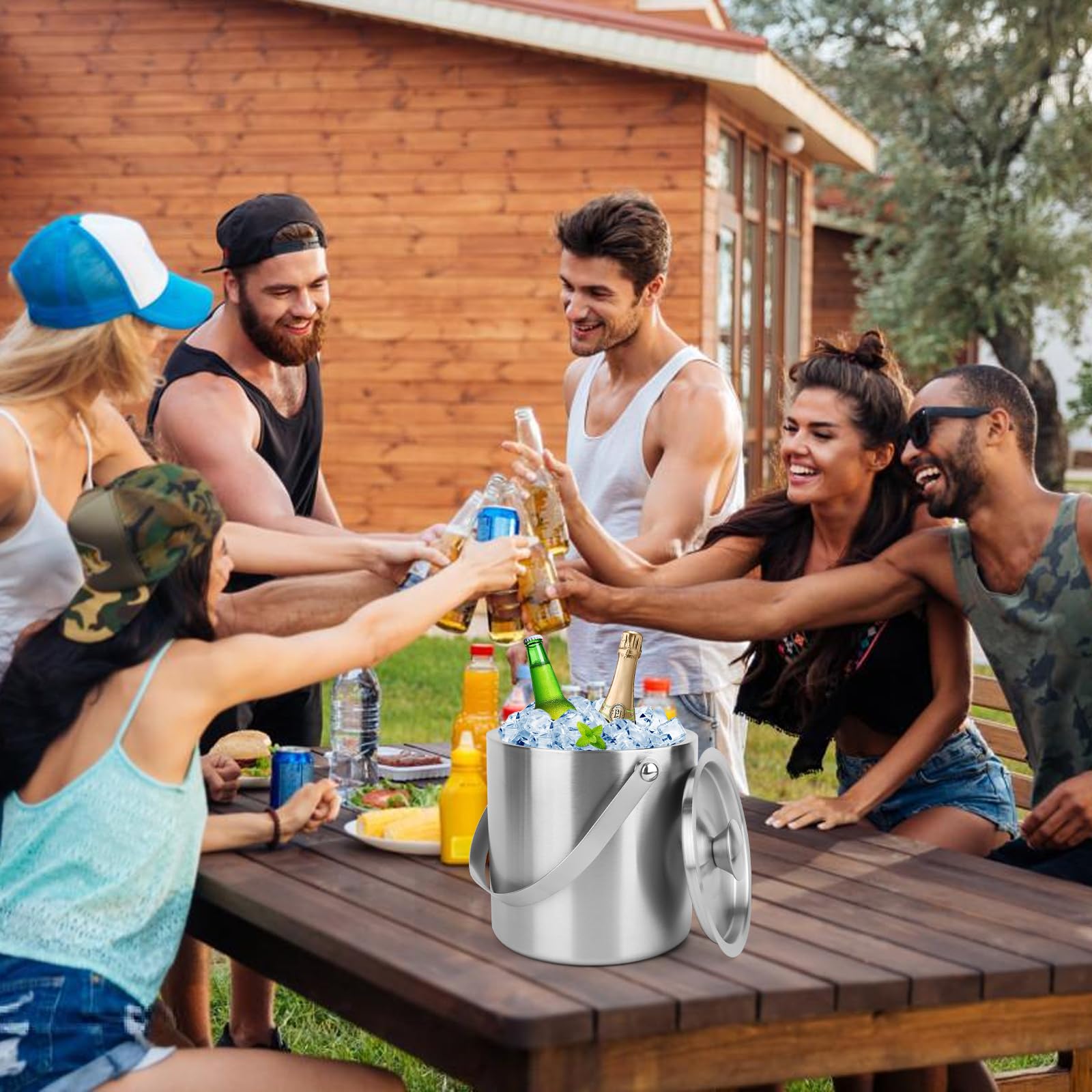 NVIYAM 2L Secchiello per Ghiaccio,a Doppia Parete Secchiello Ghiaccio per Vino Bottiglie Champagne,con coperchio, pinze, colino e manico,con Coperchio Manico e Pinzeper Casa Bar Feste