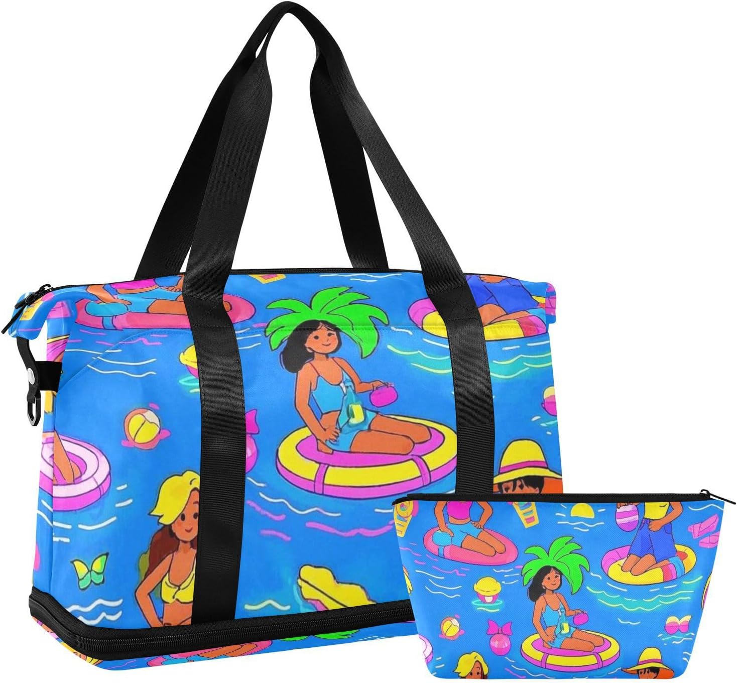 Blue Beach Party Cartoon Summer Sports Tote Gym Bag Large Carry On Bag with Toiletry Bag for Yoga Large Capacity
