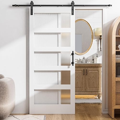 VINGLI Puerta de granero de vidrio de 36 x 84 pulgadas con kit de herrajes y asas para puerta corrediza de granero de 6.6 pies, agujeros