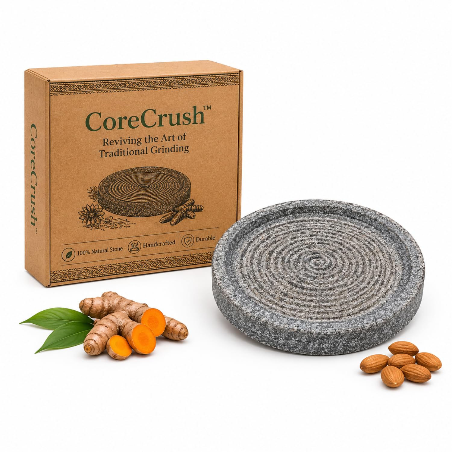 CoreCrush™ Traditional Turmeric Haldi Grinding Mortar Stone | Big Size - Grey, 12 x 12 x 2.5 cm | Chandan Sandalwood GhuttiStone for Almond Herbs Spices Baby Care | Natural Rubbing Stone for Kitchen-image-7