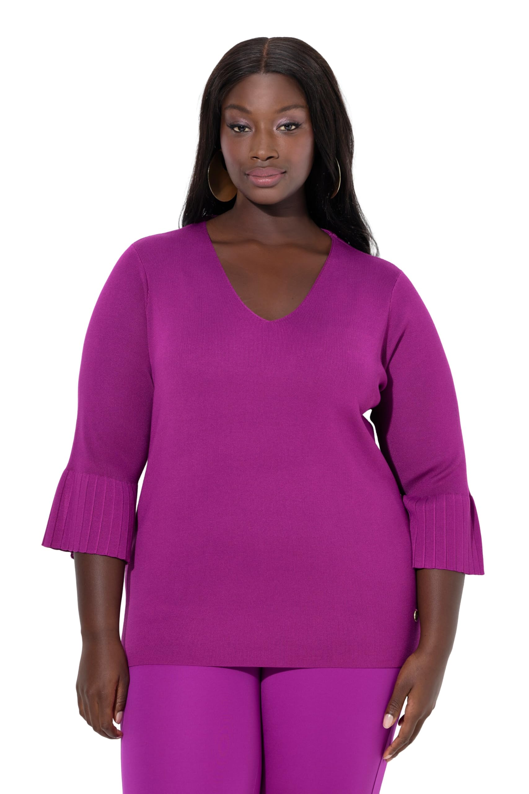 Ulla Popken Damen große Größen Übergrößen Plus Size Pullover, Feinrippstrick, V-Ausschnitt, 3/4-Volantärmel 843985