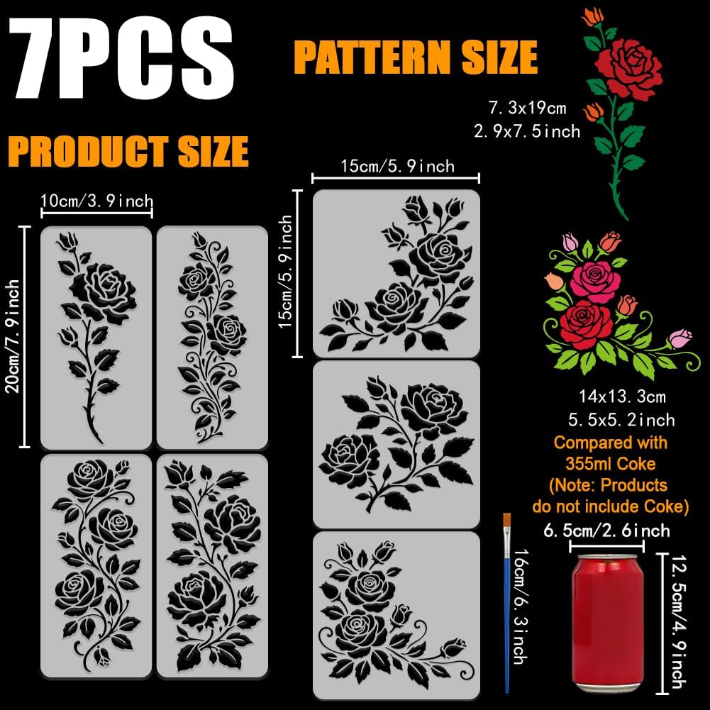 FINGERINSPIRE 7pcs Rose Vines Stencils with Paint Brush 2 Sizes Rose Flowers Stencils Floral Vine Stencil Roses Vines Pattern Plant Theme Template for Painting on Wood Wall Canvas Furniture