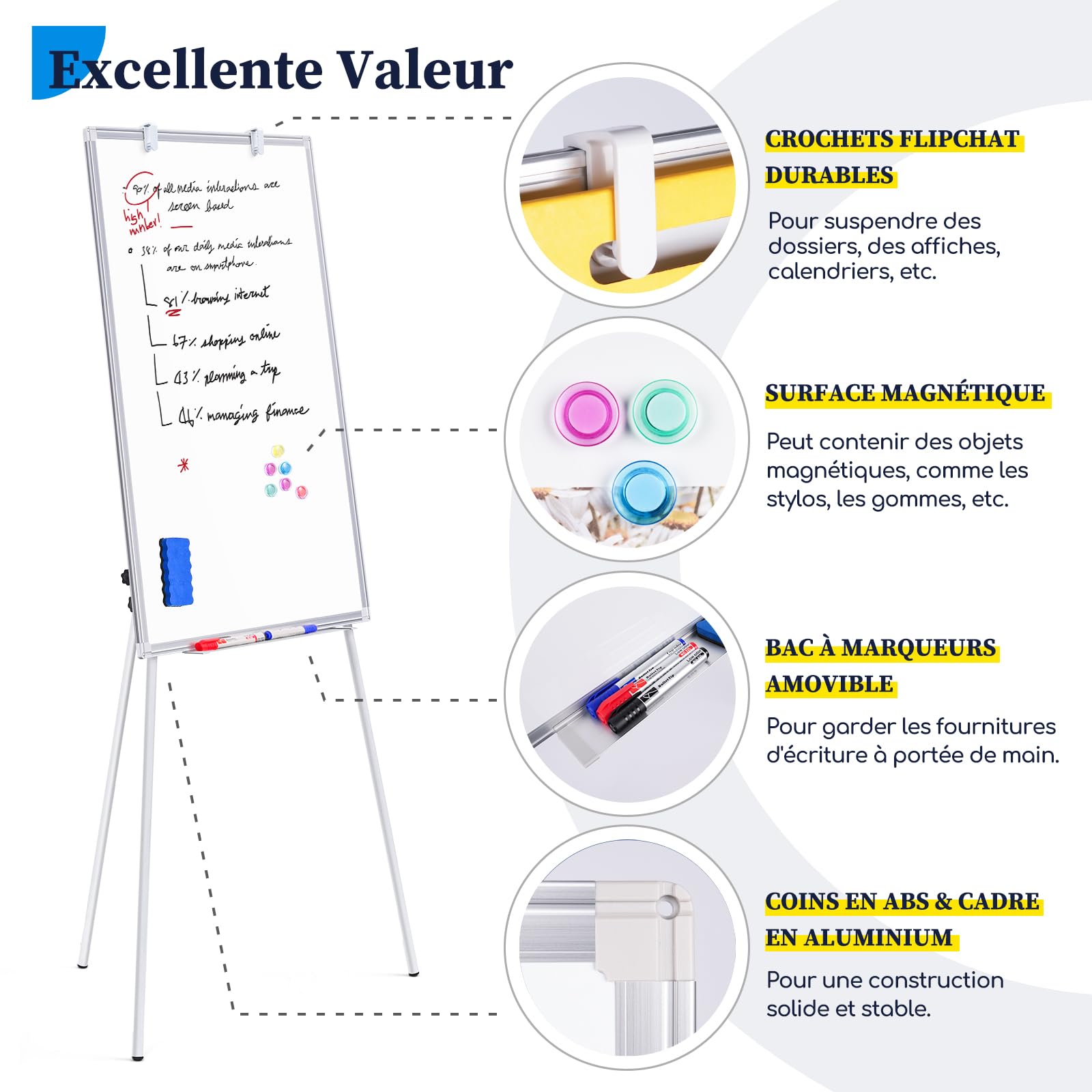 maxtek ​Flipchart Ständer Whiteboard, 90X60cm Magnetisches Tragbares Trocken Abwischbar White Board, Höhenverstellbar, Haken Verschieben Flipchart Papier, Dreibein Whiteboards mit Ständer