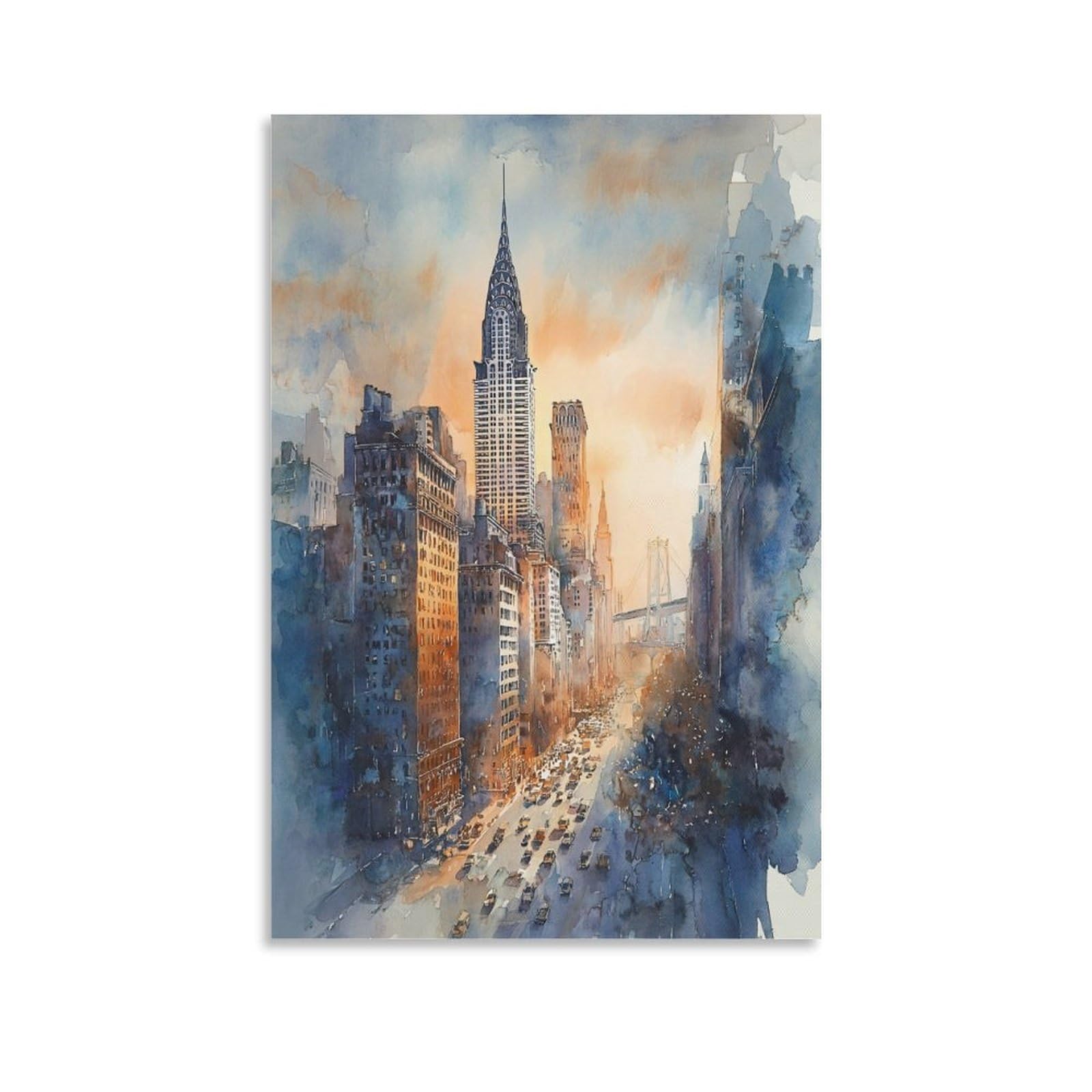 XWYMXZ New York Skyline 20x30inch(50x75cm) Vintage Travel Poster Watercolor Canvas Art