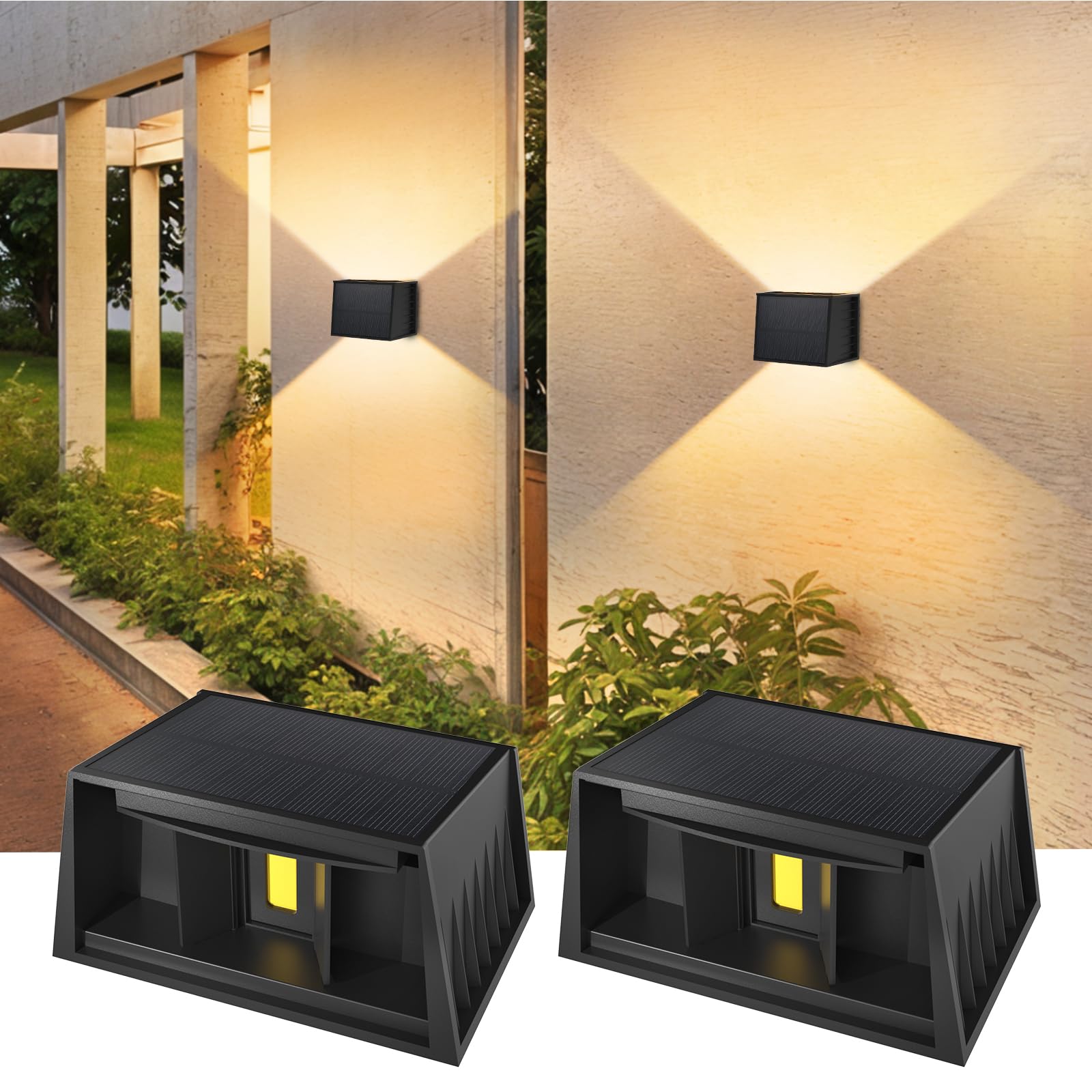 T-SUN 2 Stücke LED Wandleuchten für Außen, 3000K Warmweiß Solar Wandlampe mit Auf und ab Einstellbarer Lichtstrahl, 240° Abstrahlwinkel, IP65 Wasserdichte LED Außenwandleuchte für Wand Garten Zaun
