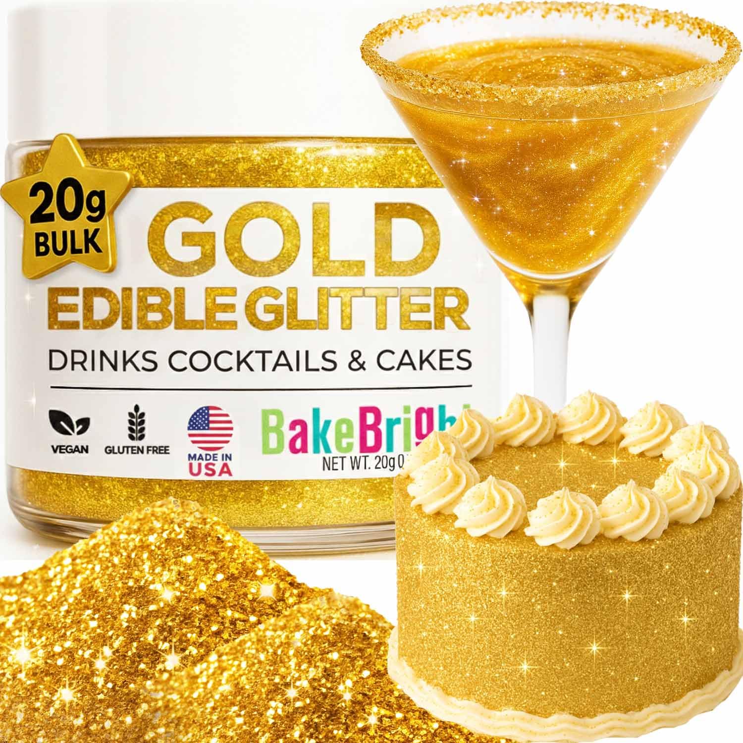 Gold Edible Glitter for Drinks 20g - Gold Edible Glitter for Cakes Cocktails St Patrick's Day Cake Decoration Sprinkles - Gold Luster Dust for Cocktail & Cake Topper Chocolate Baking Decorating Fondant Cookies - Drink Shimmer Spray - Food Grade Vegan, Kosher, Halal, Gluten Free - Made in USA