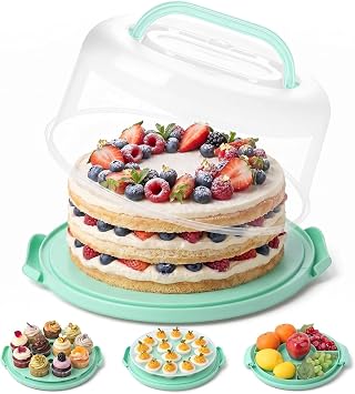 HANSGO Cake Carrier with Lid and Handle, Extra Deviled Egg Containers, Cake Holder for 10 inch Cakes with 2 Handles, 11 Capacity Cupcake Carrier, Two Sided Base for Nuts, Fruits, Muffins, Pies, Pizza