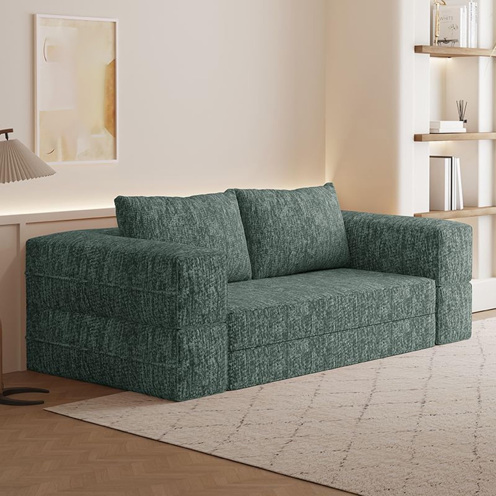 Divano Letto Convertibile, Sedia Dormiente Pieghevole con Bracciolo di Supporto e Cuscino, Comodo Divano Componibile In Schiuma a Forma di L Semi-chiuso per Soggiorno(Green,1.8m)