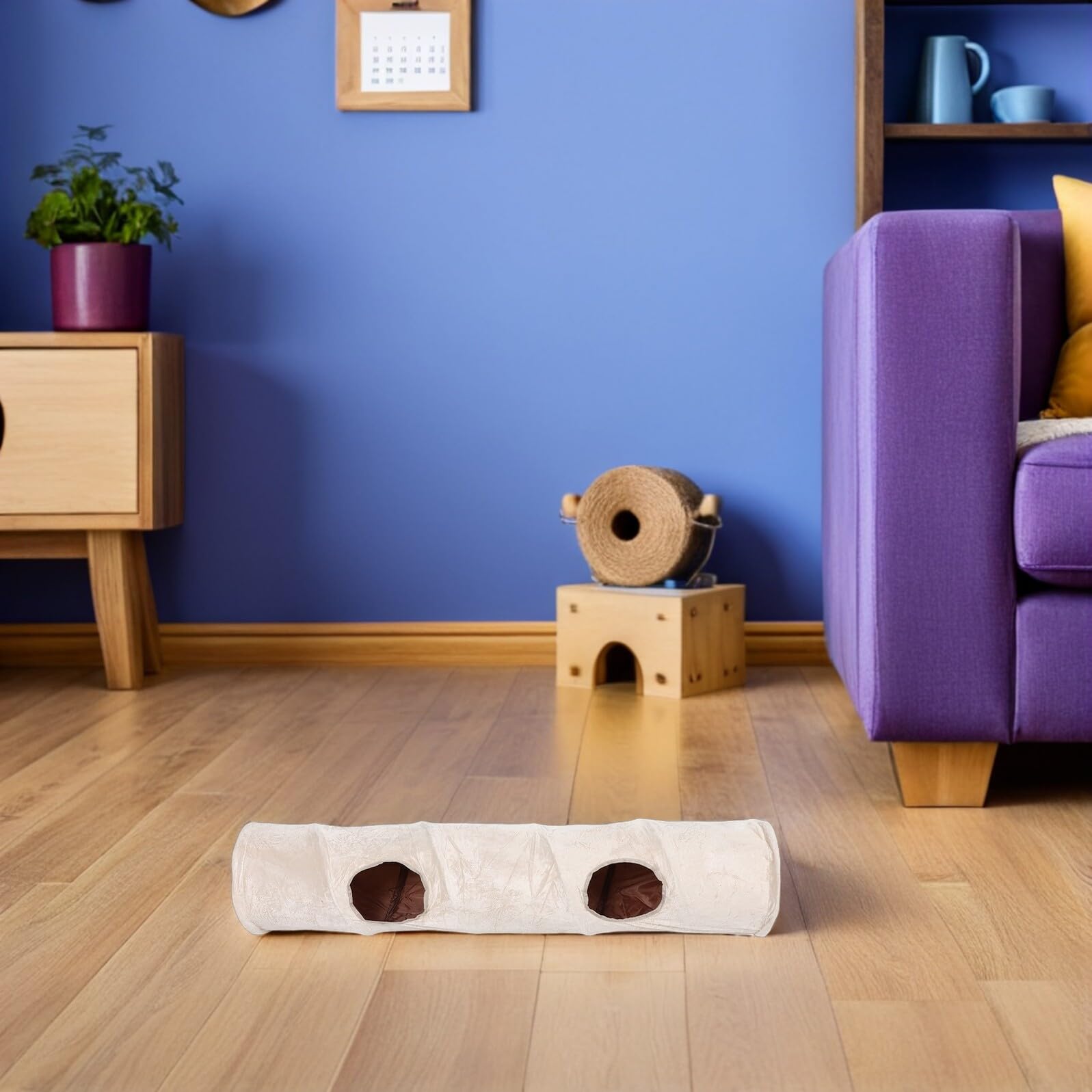 Túnel para Gatos Pequeño Beige con Dos y Bola Cueva para Jugar Esconder y Descansar Refugio Interior para Gatos y Animales Pequeños