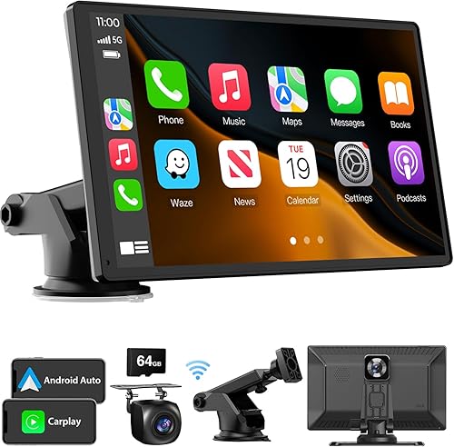 Pantalla táctil inalámbrica Carplay con cámara de tablero 4K Apple Carplay portátil y estéreo Android Auto para automóvil, receptores de audio para