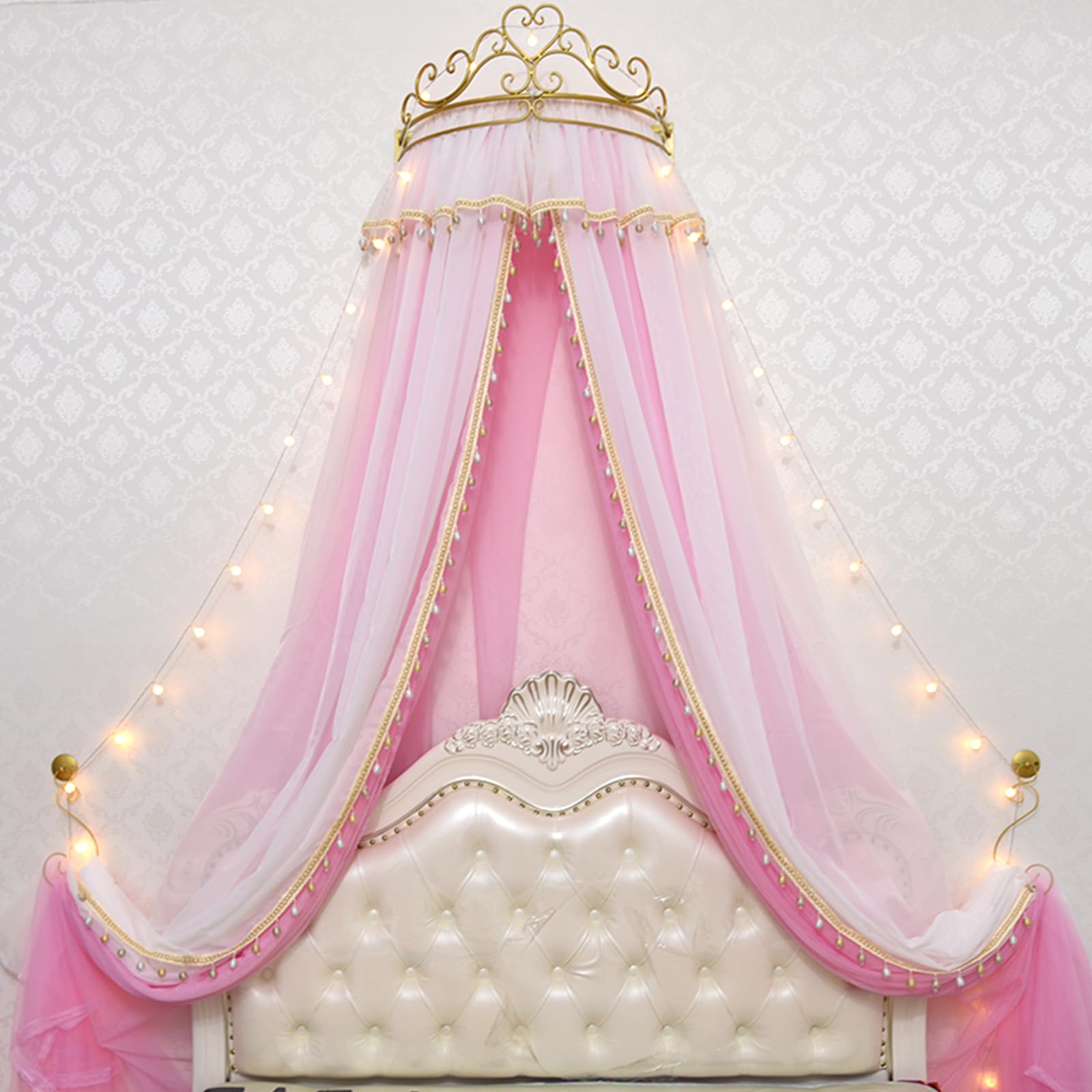 ZFPKXHVMG 4 Opening Mosquito Net, Princess Lace Metal Crown Bed Canopy Mosquito Net Multicolor Multiple Sizes(Pink1,1.2m Bed)