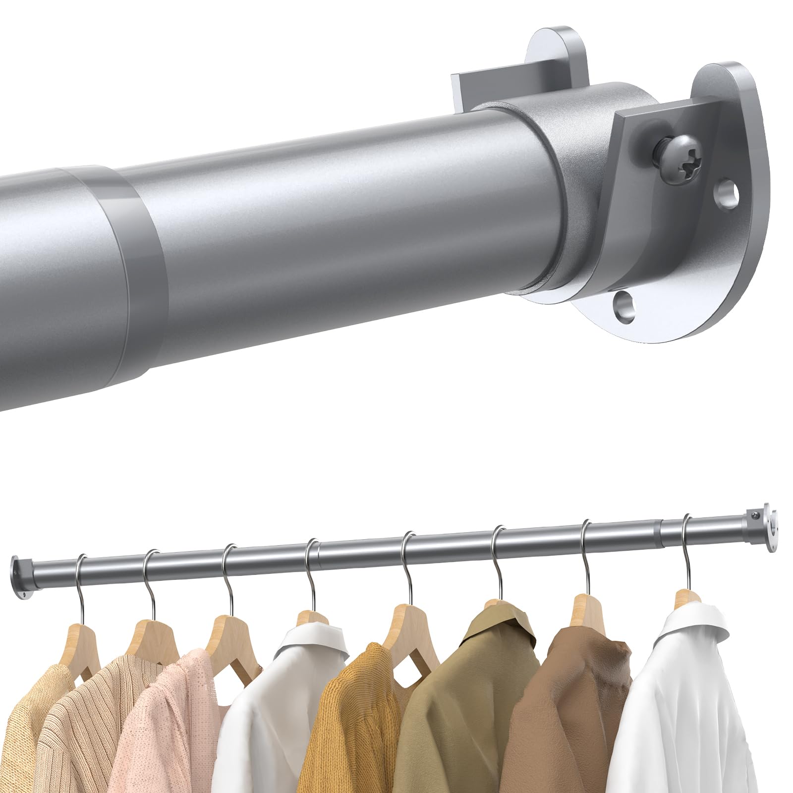 Wardrobe Rail, 43 to 69 CM Stepless Adjustable Metal Rails To Hanging Clothes, 3.3 CM Heavy Duty Wardrobe Rails and Fittings for Closet Wardrobes Laundry RV, Silver