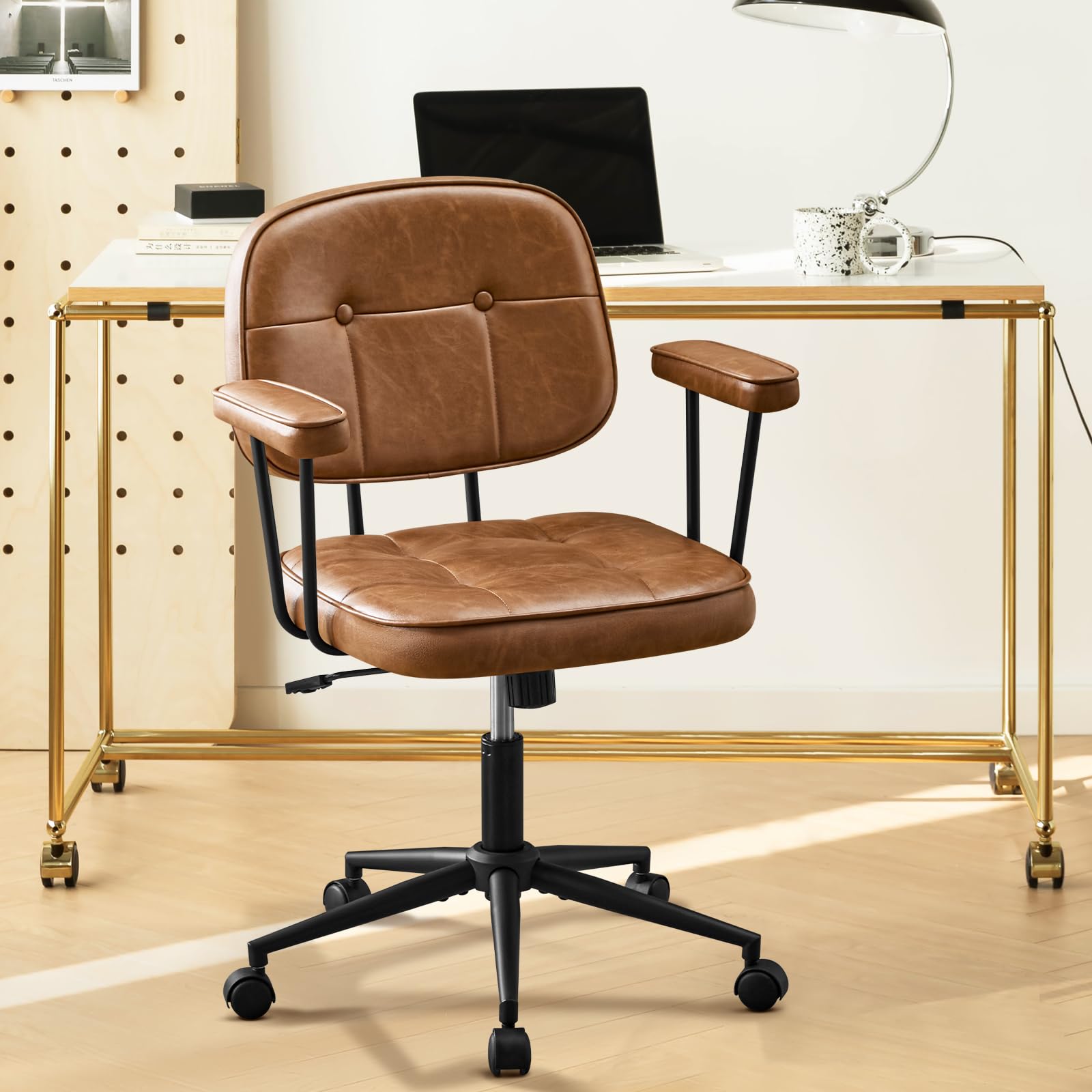 Hellove Schreibtischstuhl Bürostuhl Ergonomisch mit Armlehnen PU Leder 360° Drehstuhl Höhenverstellbarer Computerstuhl für Arbeitszimmer Homeoffice Büro Wohnzimmer Schlafzimmer, Braun