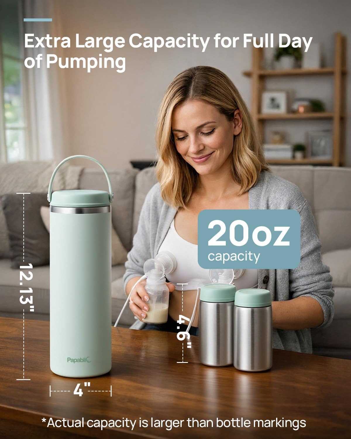 Papablic Innovative 360° CapsuleChill Breastmilk Cooler for 36H Safe Storage, 20oz Stress-Free Portable Breast Milk Chiller with 2pcs Stainless Steel Baby Bottles for Work & Travel, Mint Green - Image 8