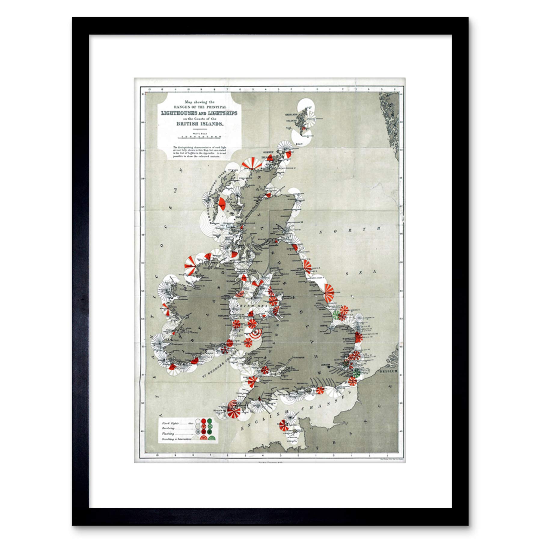 Wee Blue Coo Map Antique 1884 Price Lighthouses Lightships UK Framed Wall Art Print