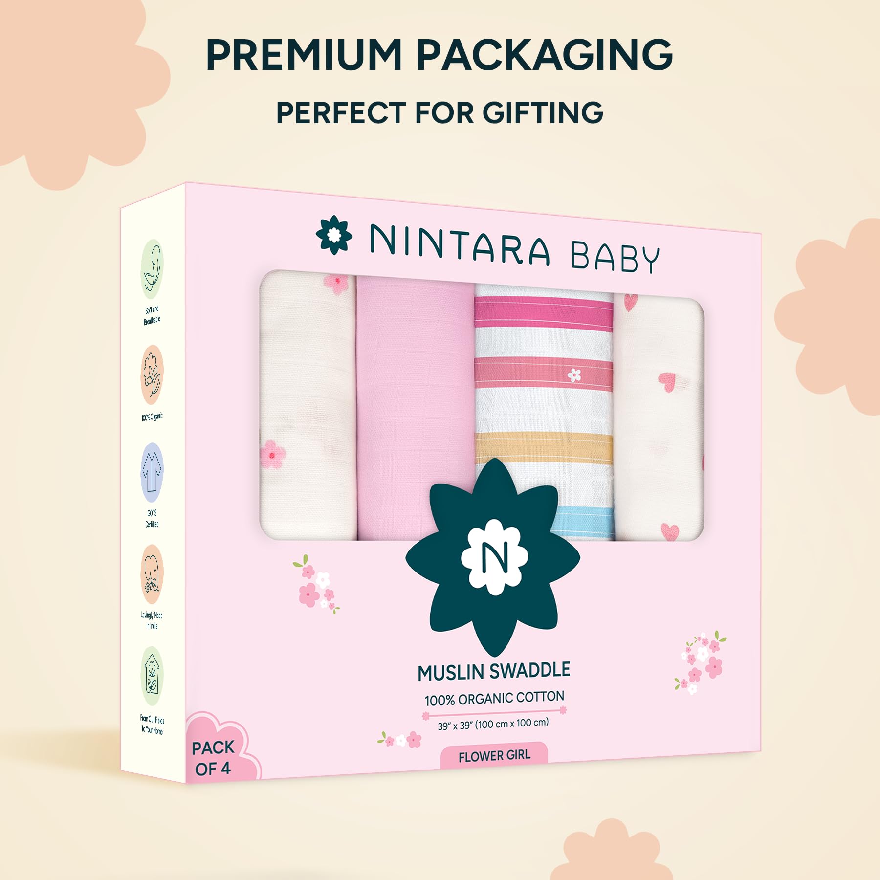 NINTARABABY Muslin Swaddle Blankets for Newborns Pack of 4, 100% Organic Cotton, Ultra-Soft & Breathable - Image 4