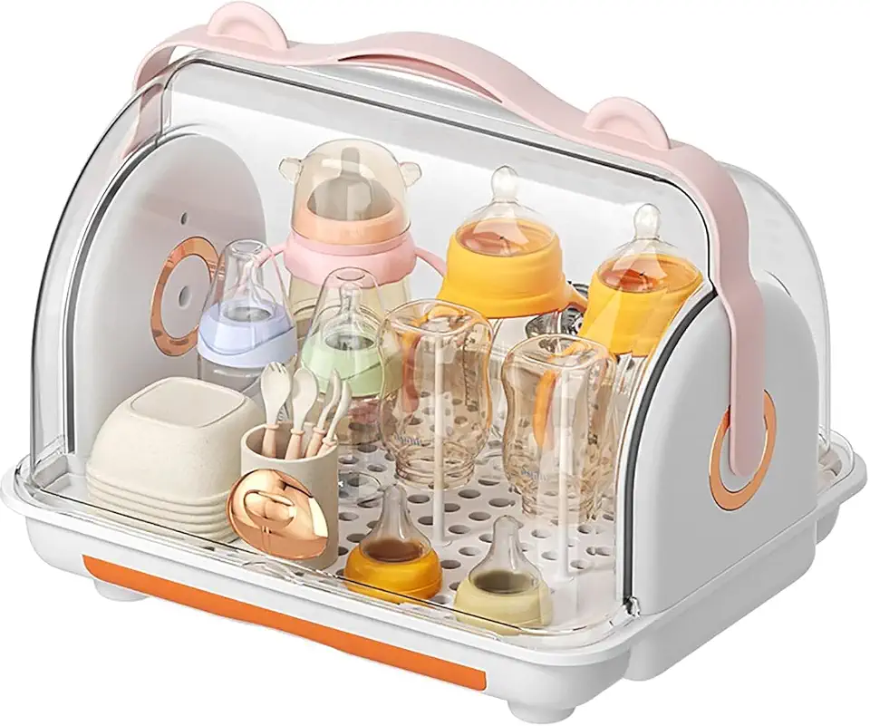 Baby Bottle Drying Rack Storage, Nursing Bottle Storage Box Organizer with Cover, Portable Kitchen Cabinet Organizer, Durable countertop Dryer (Pink)