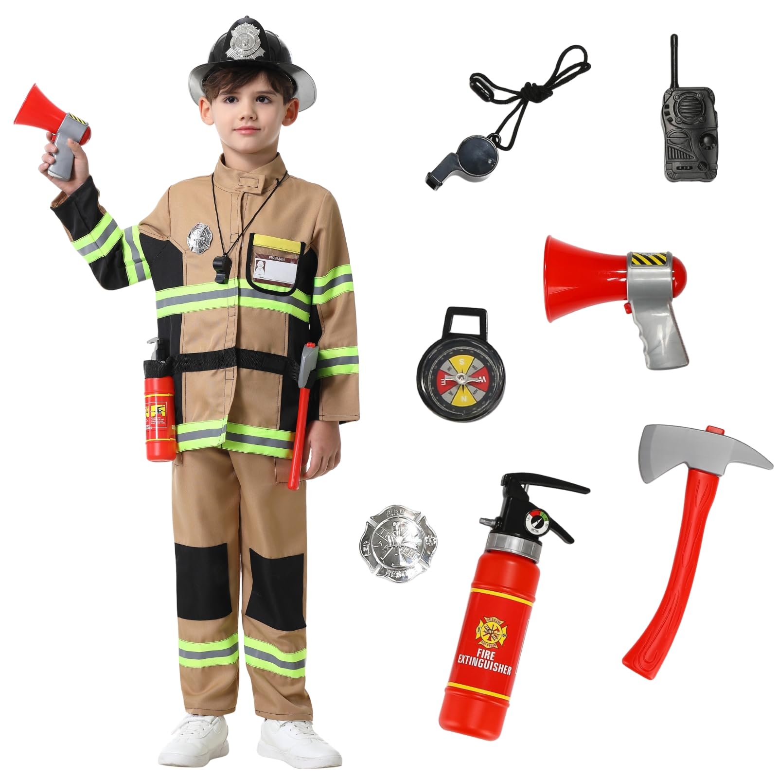 maxToonrain Tan Kids Fireman Costume Set 11 Pcs Boys and Girls Fire Fighter Costume with Firefighter Toy Accessories for Halloween Christmas World Book Day Children's Day (6-7Y)
