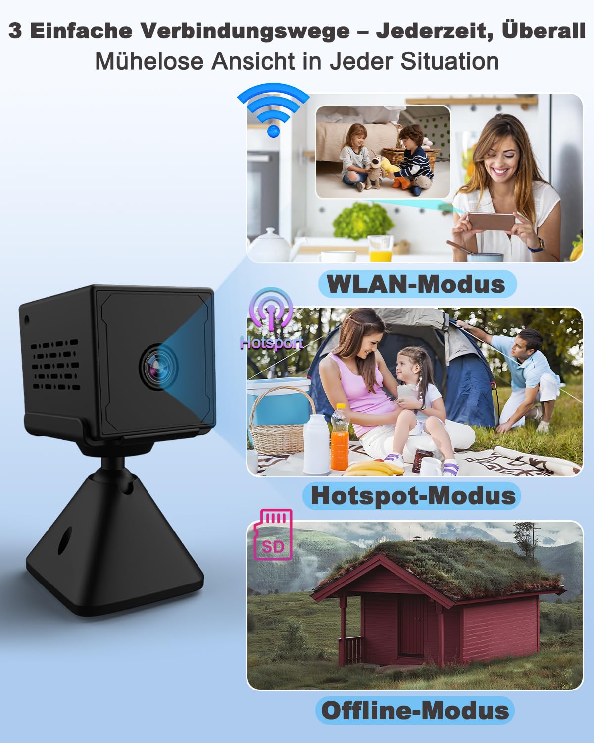Mini Kamera, 4K Full HD Überwachungskamera Innen, 3 modes:WLAN/AP Hotspot/Überwachungskamera ohne WLAN, Nachtsicht, Bewegungserkennung, 2000mAh Lange Standby, Kamera Überwachung Innen/Außenbereich