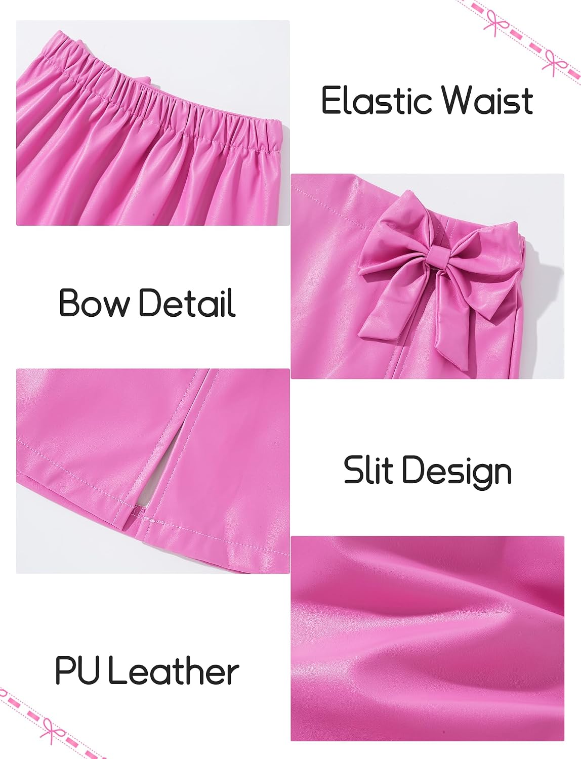 Happy Cherry Girl's PU Leather Skirt Elastic High Waist Split Hem Bow Front Mini Skirts