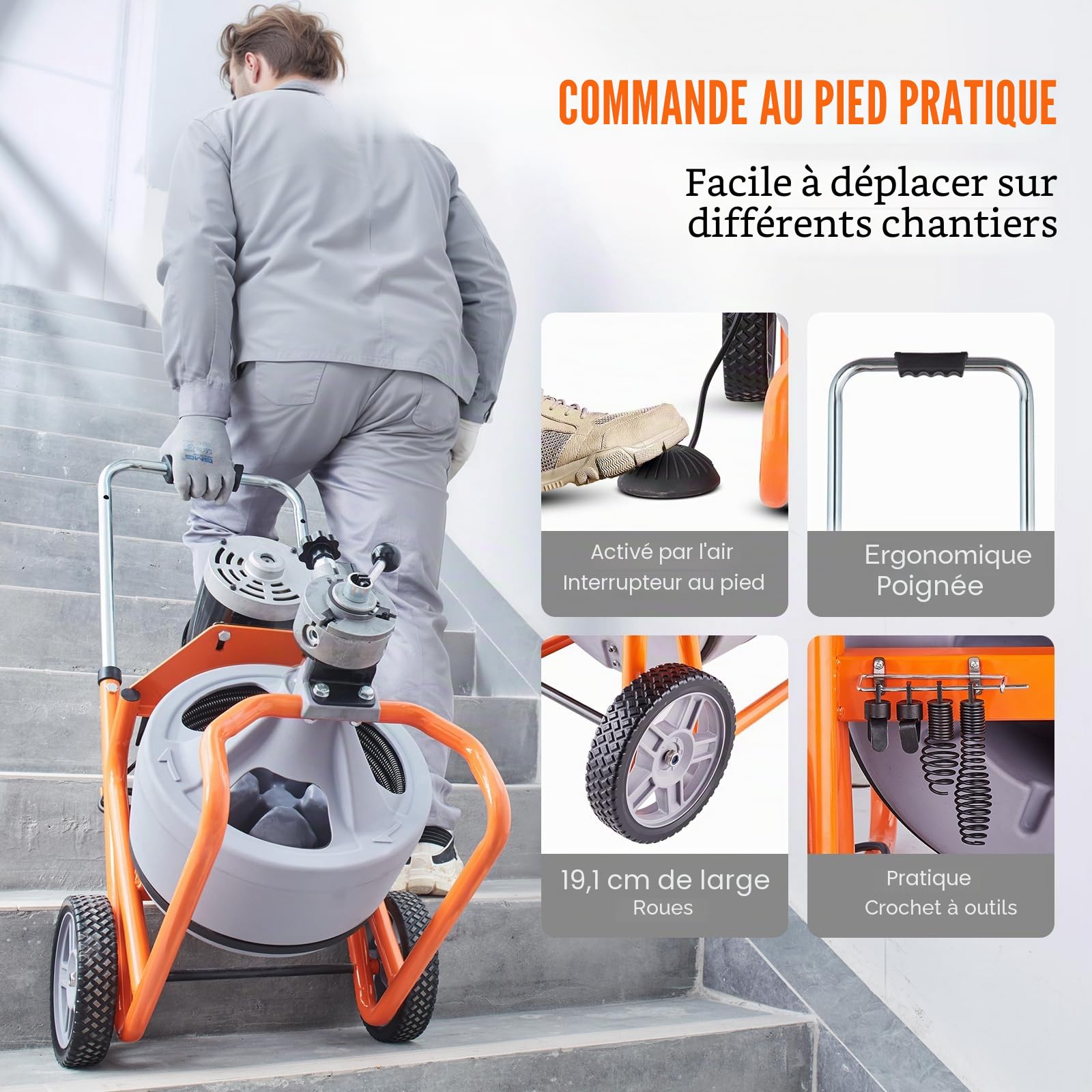 VEVOR Déboucheur Électrique de Canalisation 22,86 m x 0,95 cm Machine de Nettoyage Tuyaux sur Roues Alimentation Automatique Nettoyeur de Tubes, 8 Coupeurs, Commande à Pied par Air pour Tuyaux 5-10 cm