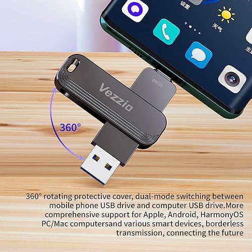 Miniatura 3 de Vezzio Memoria USB 2 en 1 OTG USB 3.2+ tipo C, diseño giratorio de pulgar para iPhone 15 y 16, iPad, teléfono Android, tableta, laptop (128, GB)