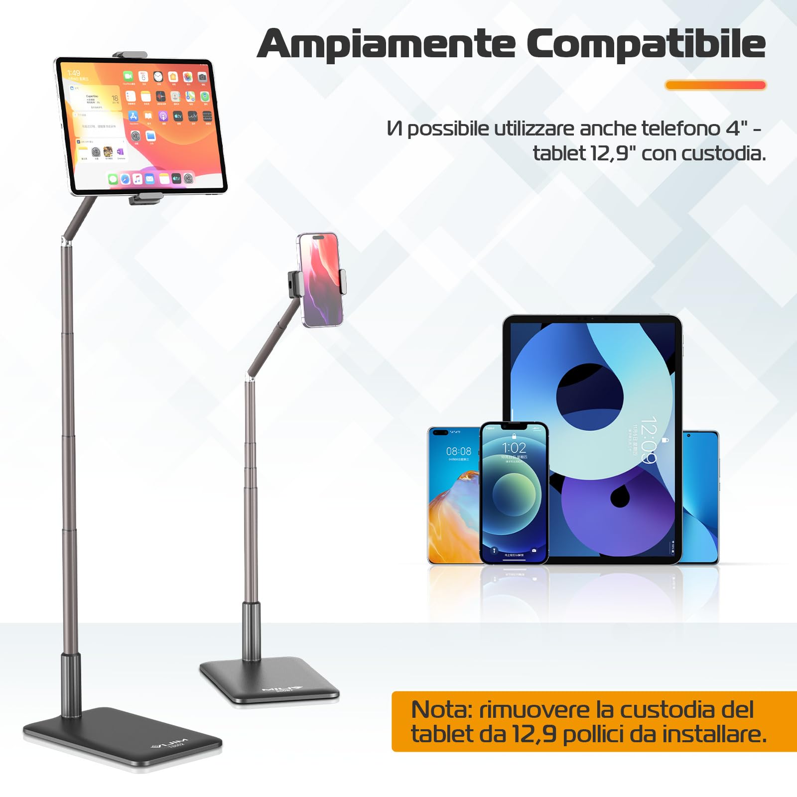 ULANZI Porta Tablet da Letto, TS002 Supporto Tablet Letto Girevole a 360° con Altezza Regolabile, Supporto da Pavimento in metallo, per Tablet e Telefono da 4,5"~12,9"