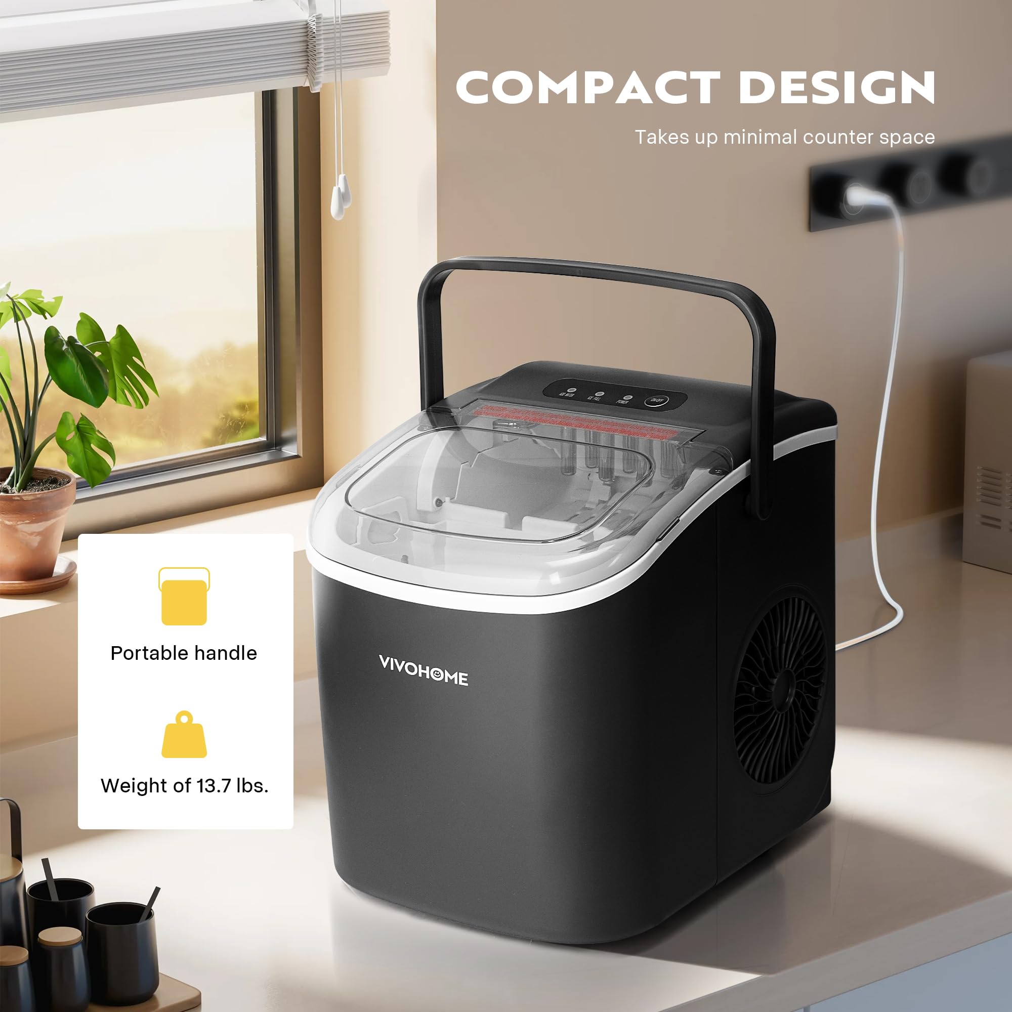 VIVOHOME Countertop Ice Maker With Handle 26lbs/Day 9 Ice Cubes In 6 Mins Portable Ice Maker Machine 10 Ice Bags And Self Cleaning Ice Cube Maker Black on Fridge.com - View 5