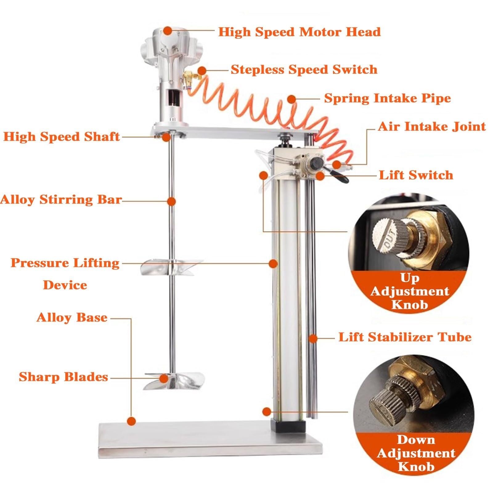 Mezclador Neumático De Pintura con Soporte, Impulsor Neumático De Acero Inoxidable, Elevación Automática, Agitador Neumático para Materiales De Recubrimiento De Pintura.,