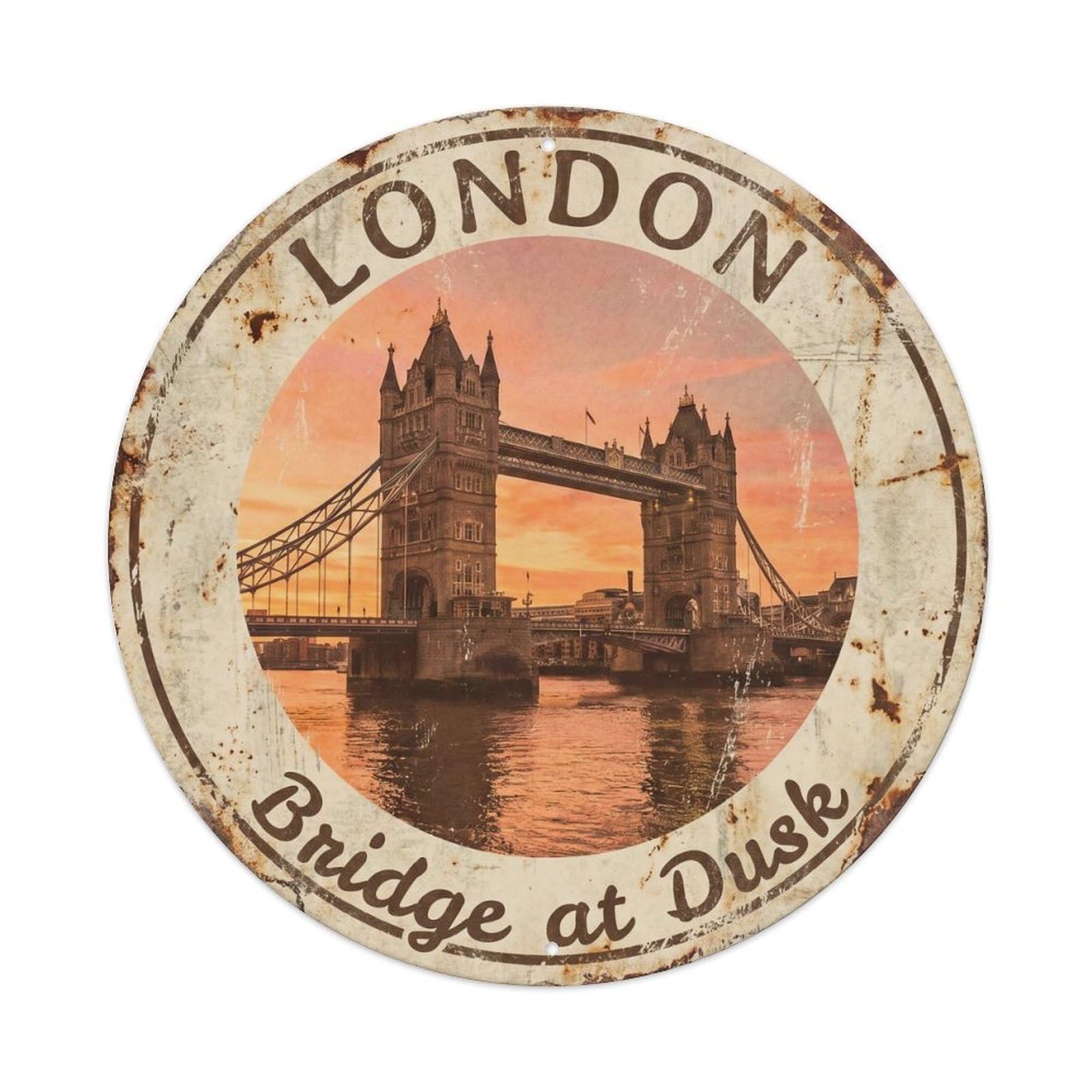 Vintage Travel Tower Bridge Sunset London Metal Tin Sign Plaque Wall Decor for Cafe, Club, Garden Round Metal Poster 8x8Inch