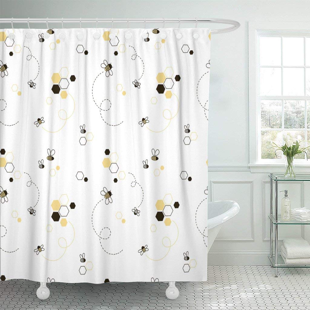 JOOCAR Design Shower Curtain, Adorable Honey Bee Kid Cute Graphic Baby Beehive Child, Waterproof Cloth Fabric Bathroom Decor Set with Hooks