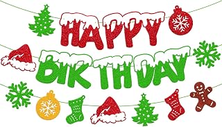 Christmas Birthday Banner Merry Birthday Christmas Tree Xmas Snowman Snowflake Happy New Year Theme for Kids Boy Girl Happy Bday Party Supplies Red Green Sparkle Glitter Decoration