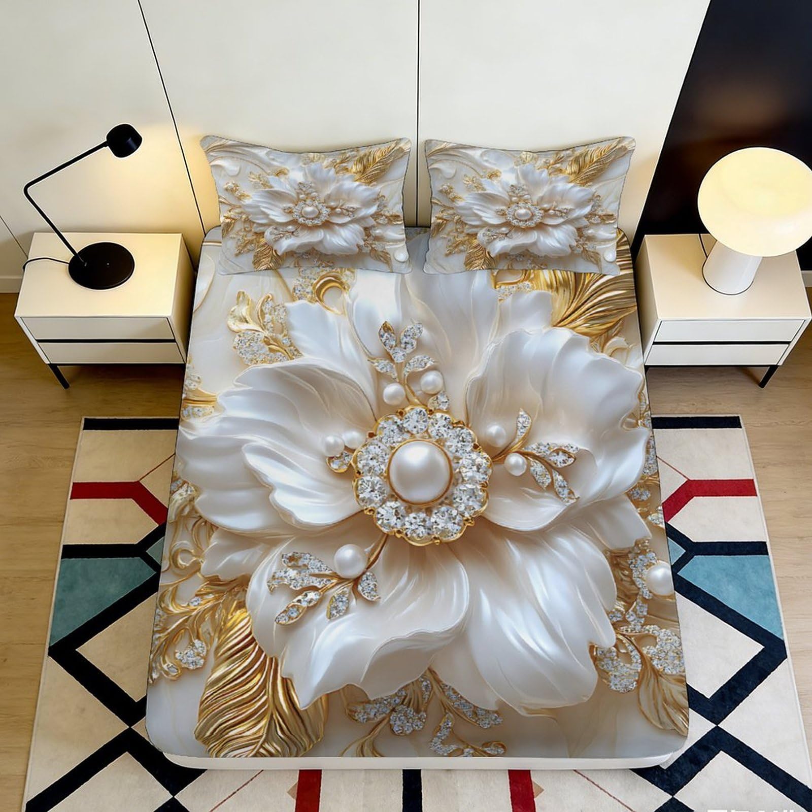 3D Printed Pearl Flower Fitted Sheet Microfiber Gold Blossom Bed Cover Non-slip Washable for Bedroom Guestroom 120x200x25cm