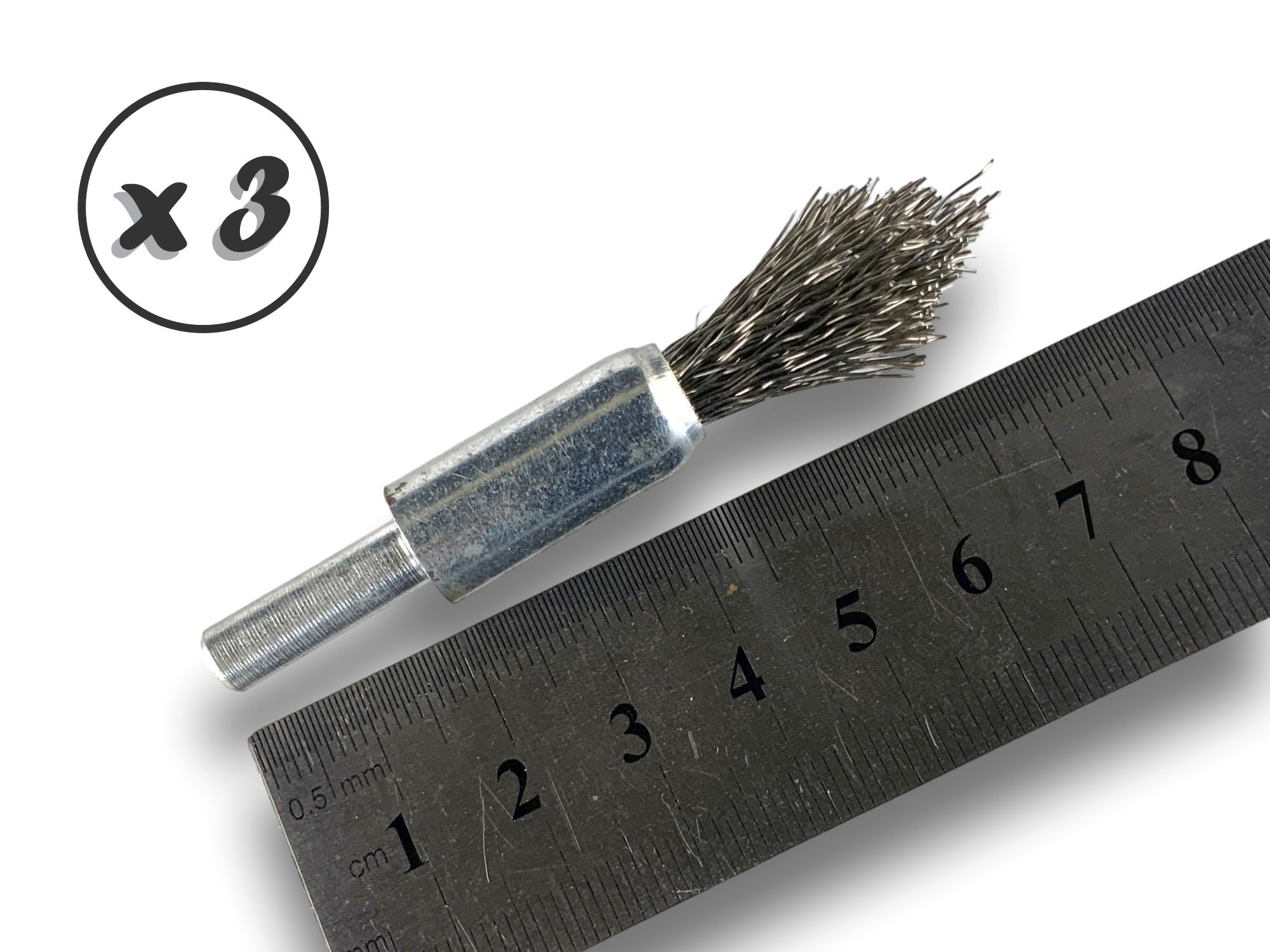 KIBROS 20TC12Px3 zestaw 3 szczotek drucianych ze spiczastym końcem na trzonku | Ø 12 mm | twarda stal nierdzewna 0,40 mm | kształt końcówki | do wiertarki lub wiertarko-wkrętarki | szczotkowanie i