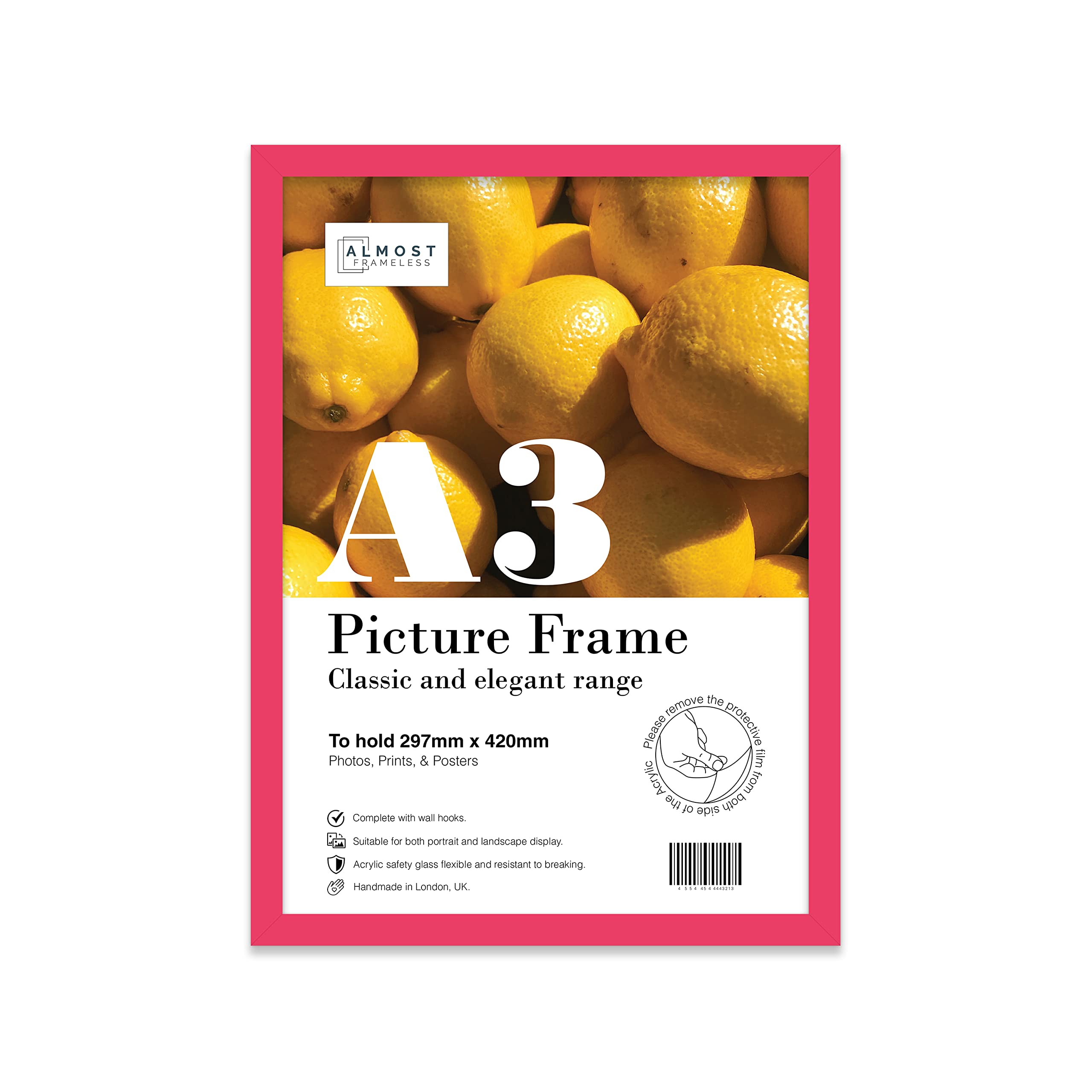 Almost Frameless A3 Bright Pink Picture Frame Fits A3 (29.7 x 42cm - 11.7 x 16.5in) Poster, Photo, Artwork, or Print. Thin Edge Slim Frame Portrait and Landscape Display with Wall Hooks