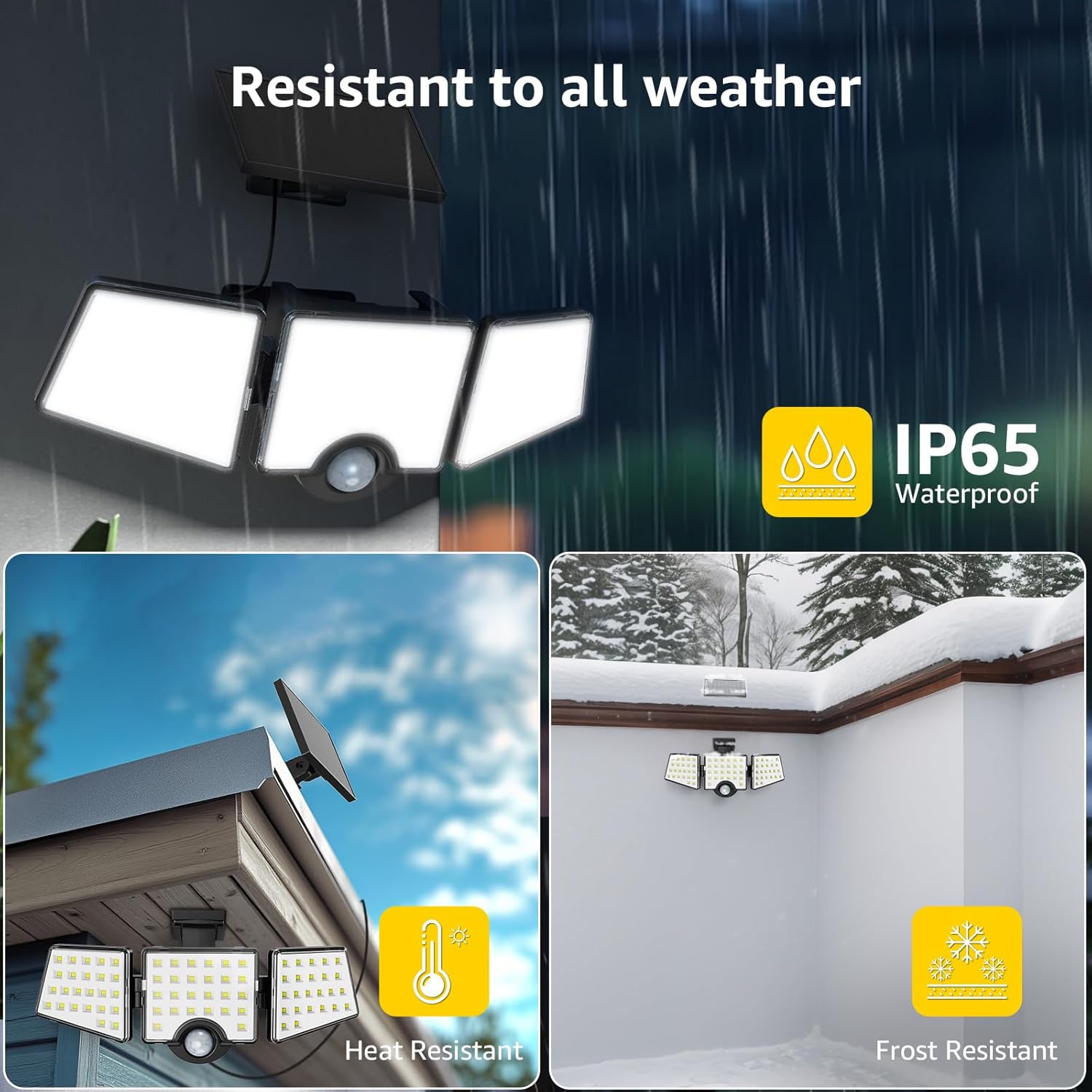 Image demonstrating the weather resistance of the solar light, showing it is IP65 waterproof, heat resistant (under sun), and frost resistant (in snow).